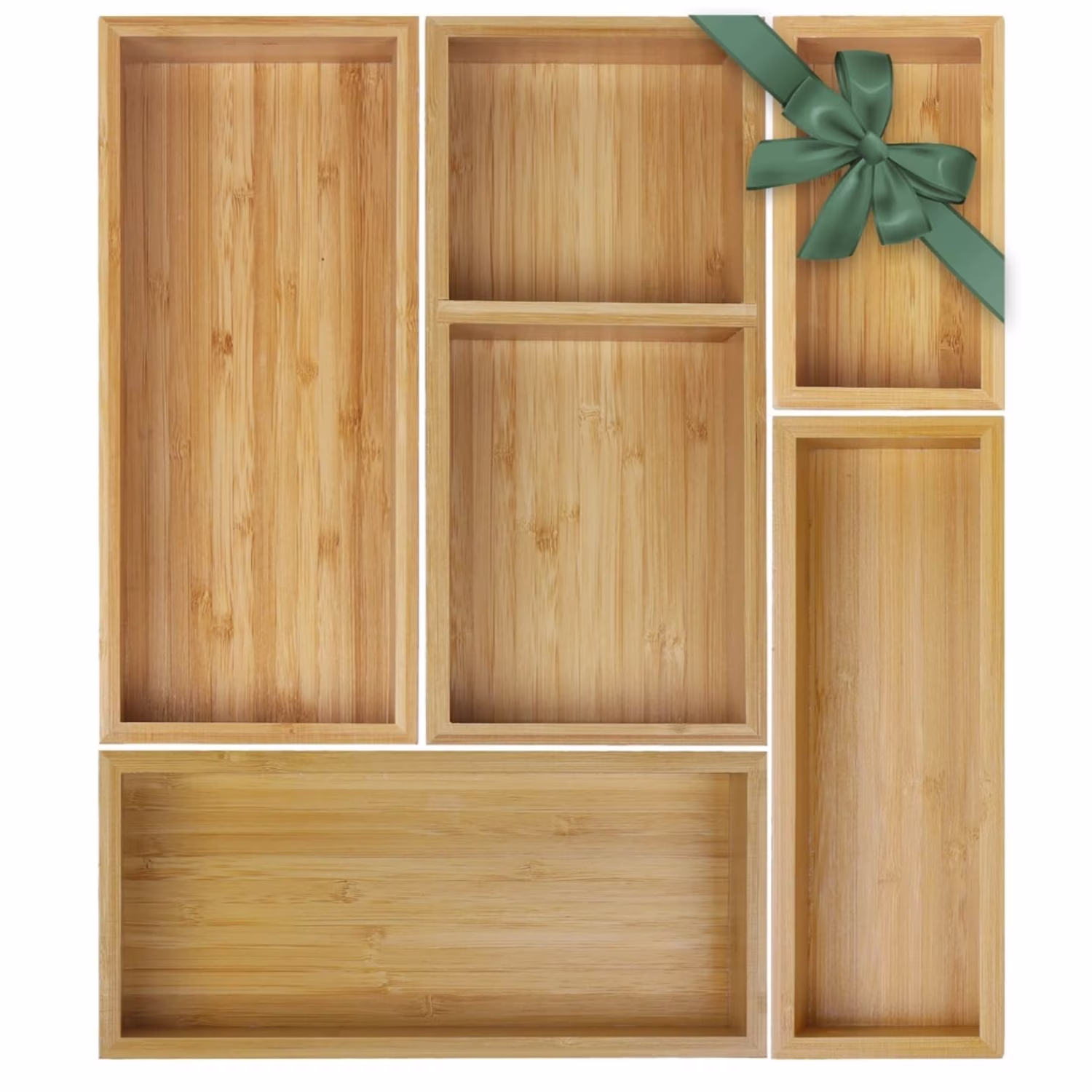 Bamboo Drawer Organizer Set, 5 PCS Multi-Use Individual Wood Storage Organizers, Junk Drawer Divider and Storage Trays Containers for Kitchen, Bathroom, Office Desk, Makeup, Jewelry, Utensils