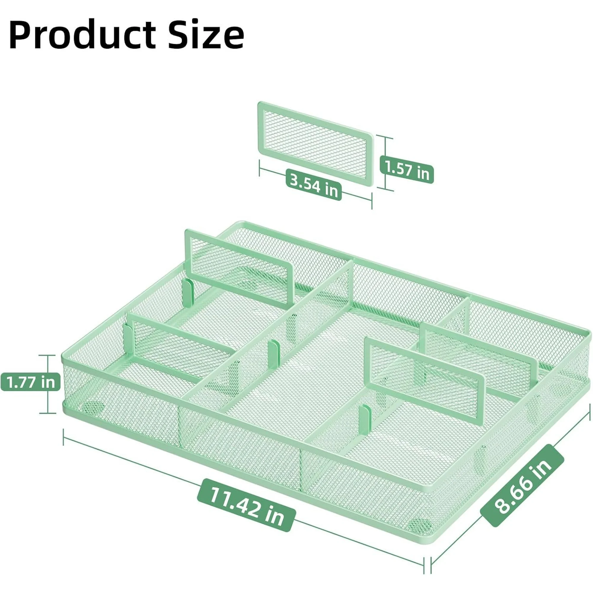 WarmHaven Desk Drawer Organizer, Metal Mesh Drawer Organizer Tray with 5 Adjustable Compartments,Desk Organizers and Accessories for Home,Office,Kitchen,Makeup,Vanity (Green)