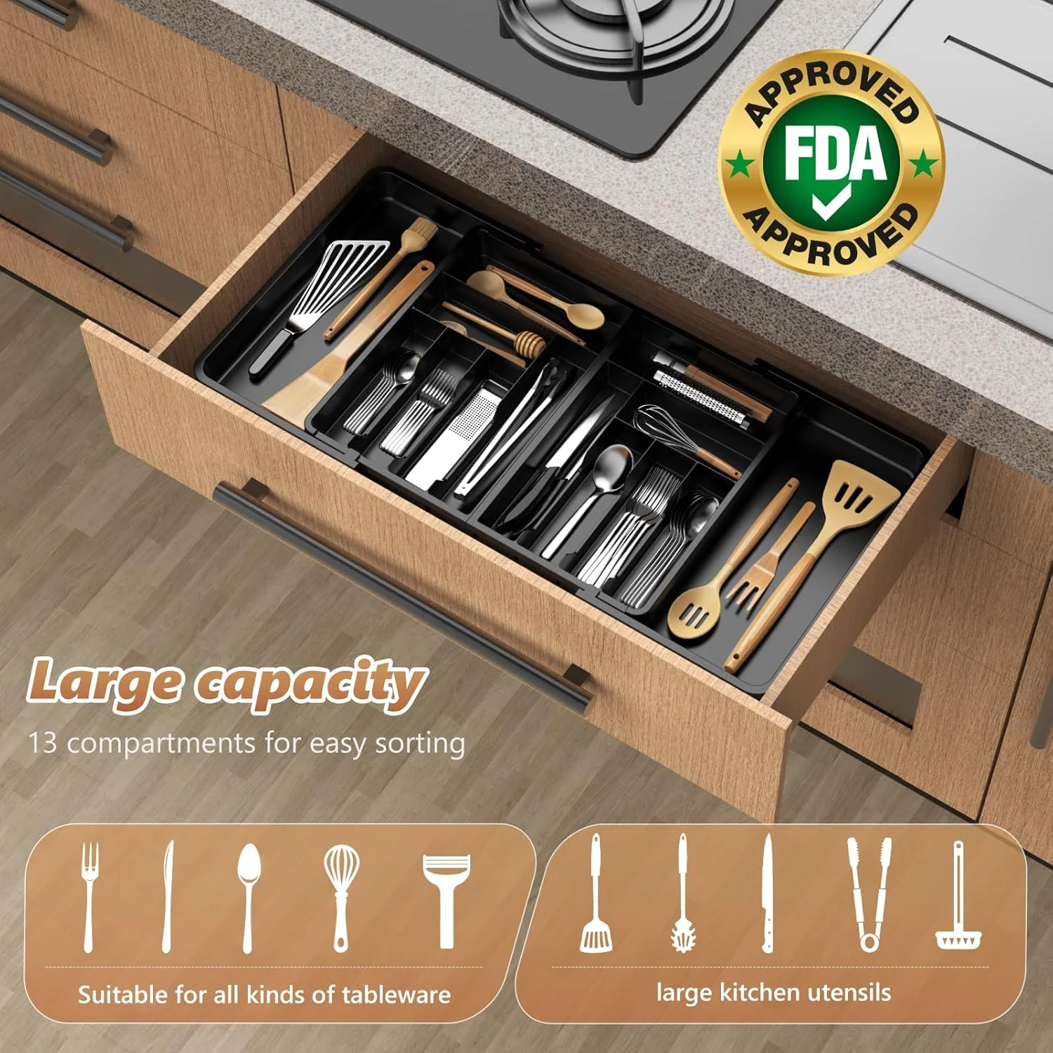 Large Silverware Drawer Organizer - Expandable from 22 to 36in -  Plastic Utensil Tray for Kitchen - Adjustable Flatware and Cutlery Holder for Spoons Forks Knives