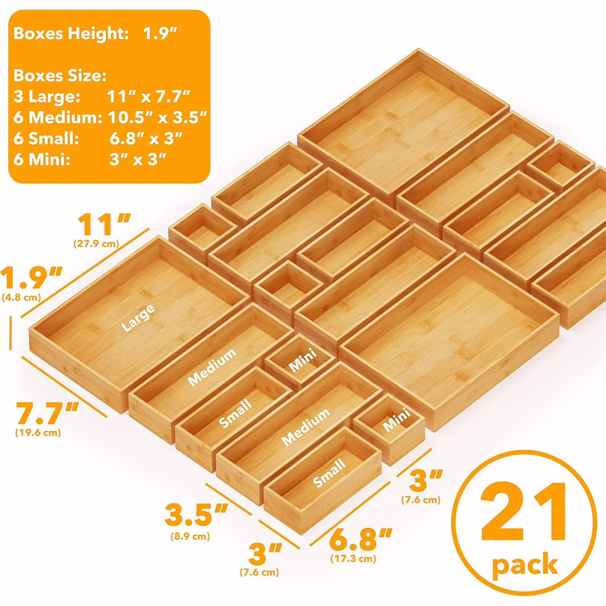 21-Piece Bamboo Drawer Organizer Storage Boxes Set, Wood Tray Junk Drawer Organizers Multi-Use Divider Bins for Kitchen, Bathroom, Office Desk and Makeup Organization (21 Pack, Natural)