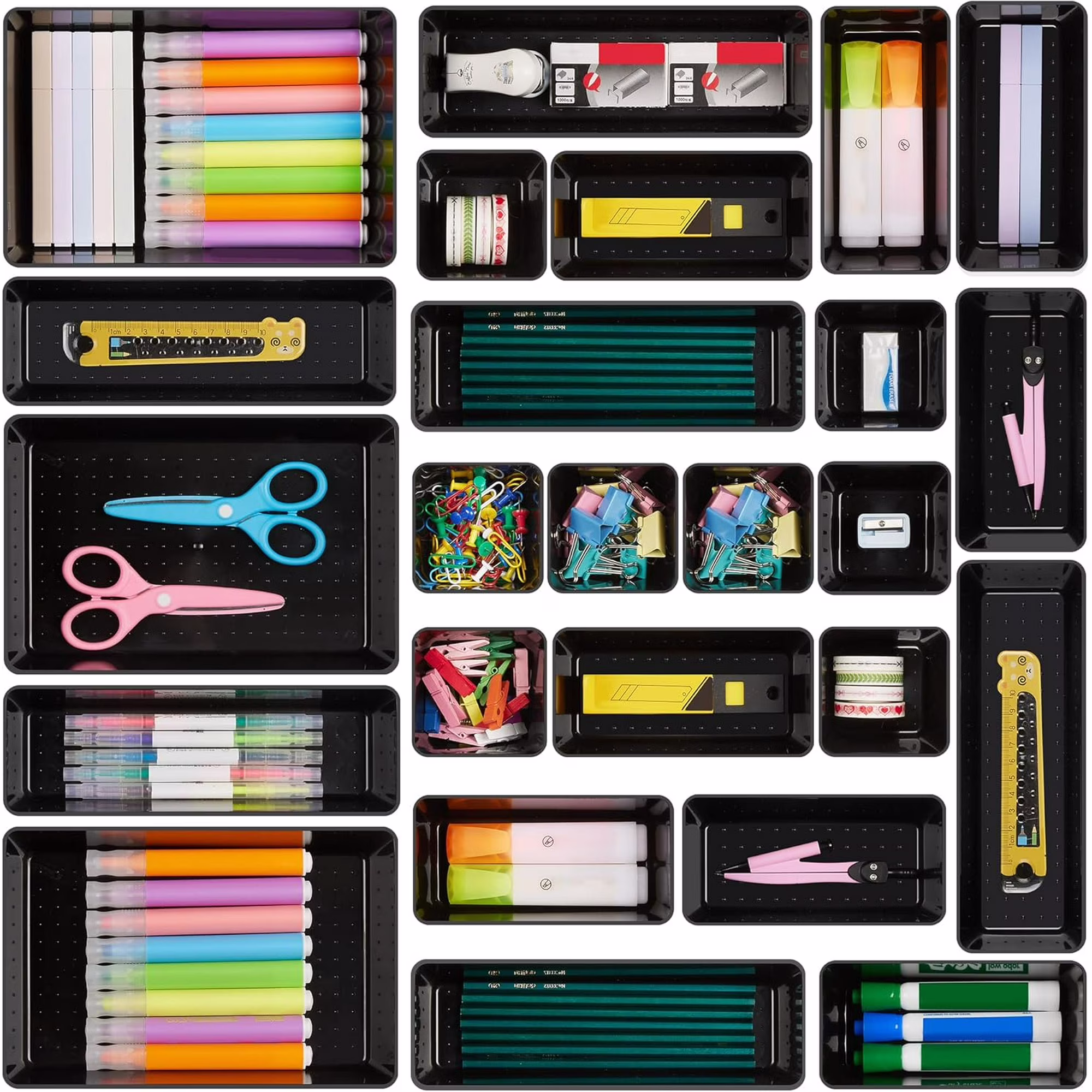 PrimeCook Shop 25 PCS Office Desk Drawer Organizers Set,4-Size Versatile Plastic Drawer Organizer Trays,Storage Bins for Desk Accessories Office Organizers and Storage, Bathroom, Makeup, Vanity,Black