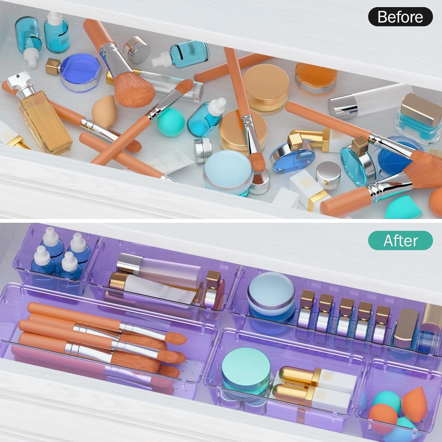 SUMMIT 6 Pack Clear Drawer Organizer Set, Acrylic Drawer Storage Trays, Storage Bins for Makeup, Cosmetics, Jewelries, Utensils, Gadgets, Office, Sea Blue