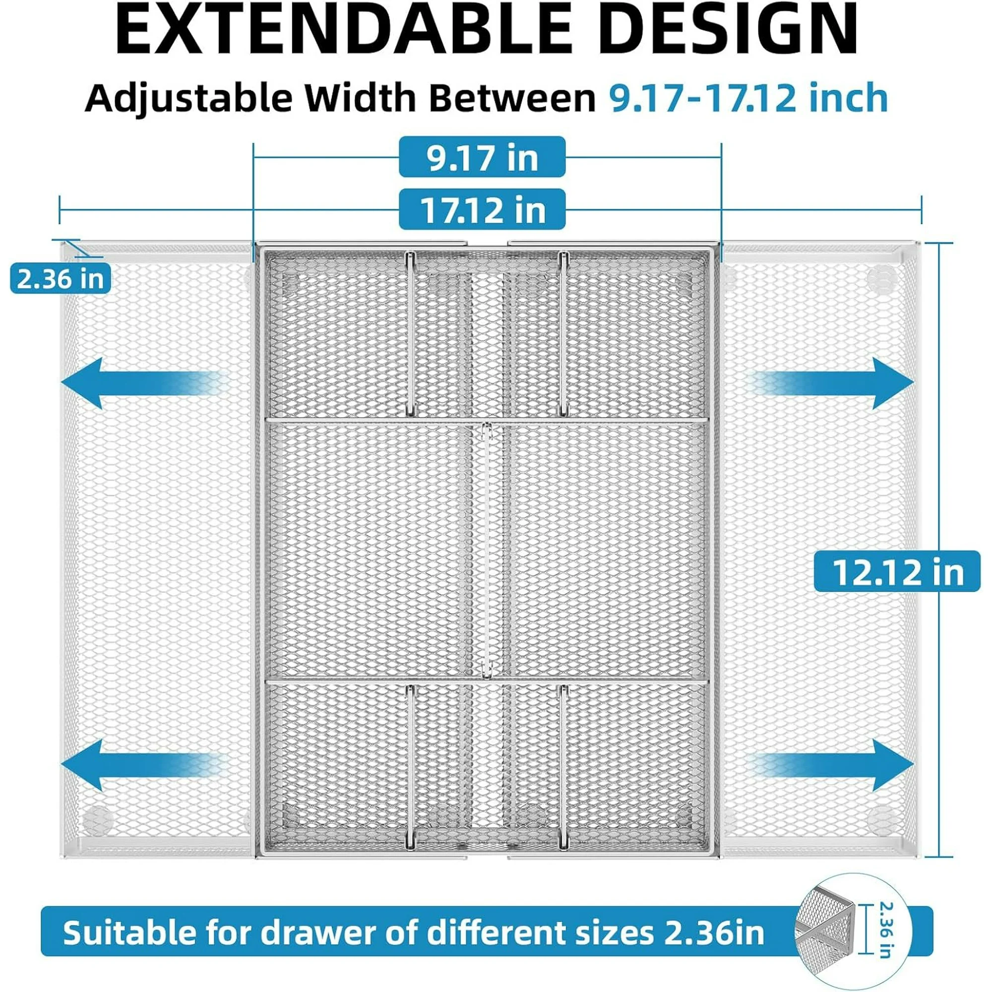 Expandable Desk Drawer Organizer, Mesh Tray with 10 Adjustable Compartments, Desk Organizers for Office Supplies, Makeup & Vanity (Expandable-Silver 2pack)