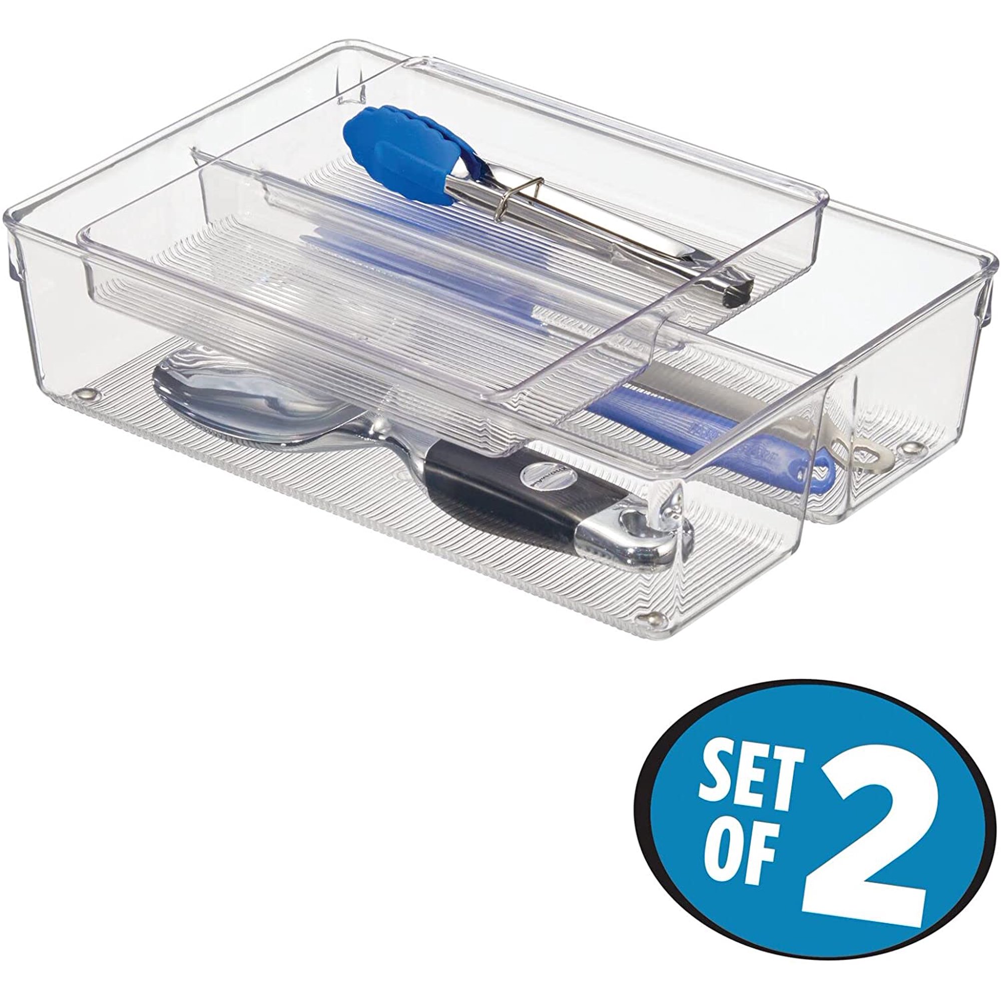 Plastic Stackable Kitchen Drawer Organizer with 2-Tier Tray - Fits Cabinet, Pantry, Refrigerator, Freezer