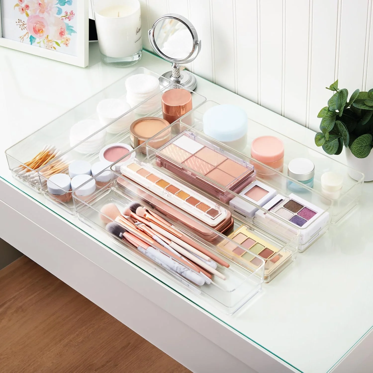 SimpleSort 6-Piece Stackable Clear Plastic Drawer Organizers, 12 x 3 x 2 Inch Rectangle Trays for Makeup Vanity, Office Desk, Kitchen Utensil Storage,Made