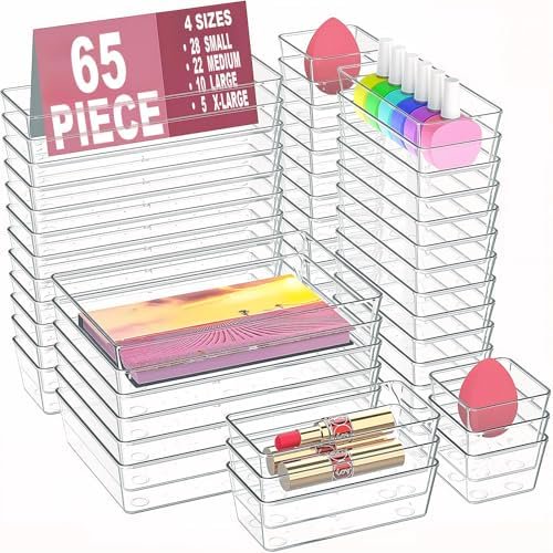 Drawer Organizers Set of 65, 4 Sizes Clear Plastic Drawer Organizers and Storage Bins for Kitchen, Bathroom, Office, Dresser Desk Drawer Organizer Tray for Jewelry, Makeup, Junk, Gadgets$$Office