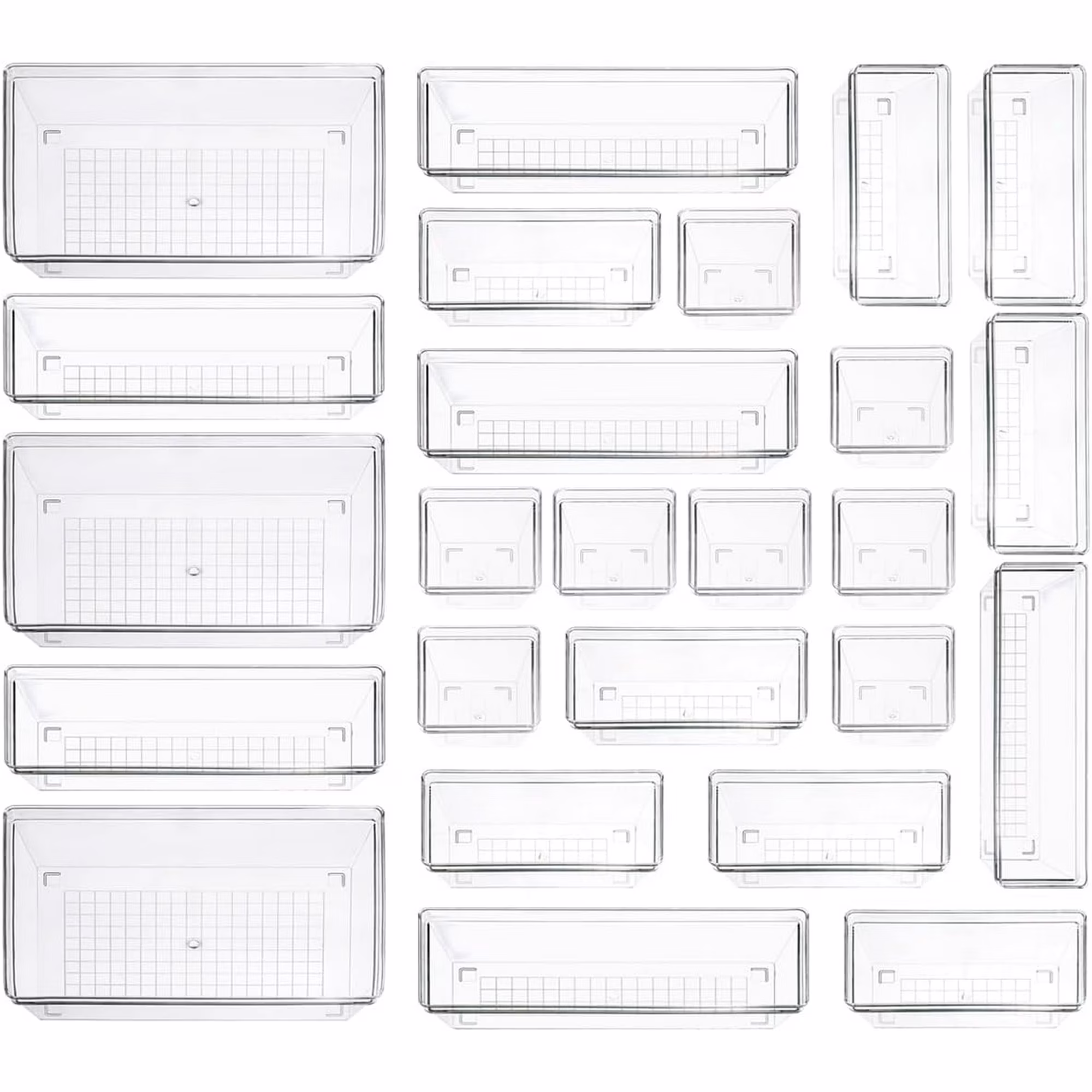 Clear Plastic Drawer Organizer Storage - 25Pcs 4 Size Desk Bathroom Kitchen Organizers and Accessories Office Organization, Vanity Stackable Drawers Bins Trays Containers Dividers Makeup Sets