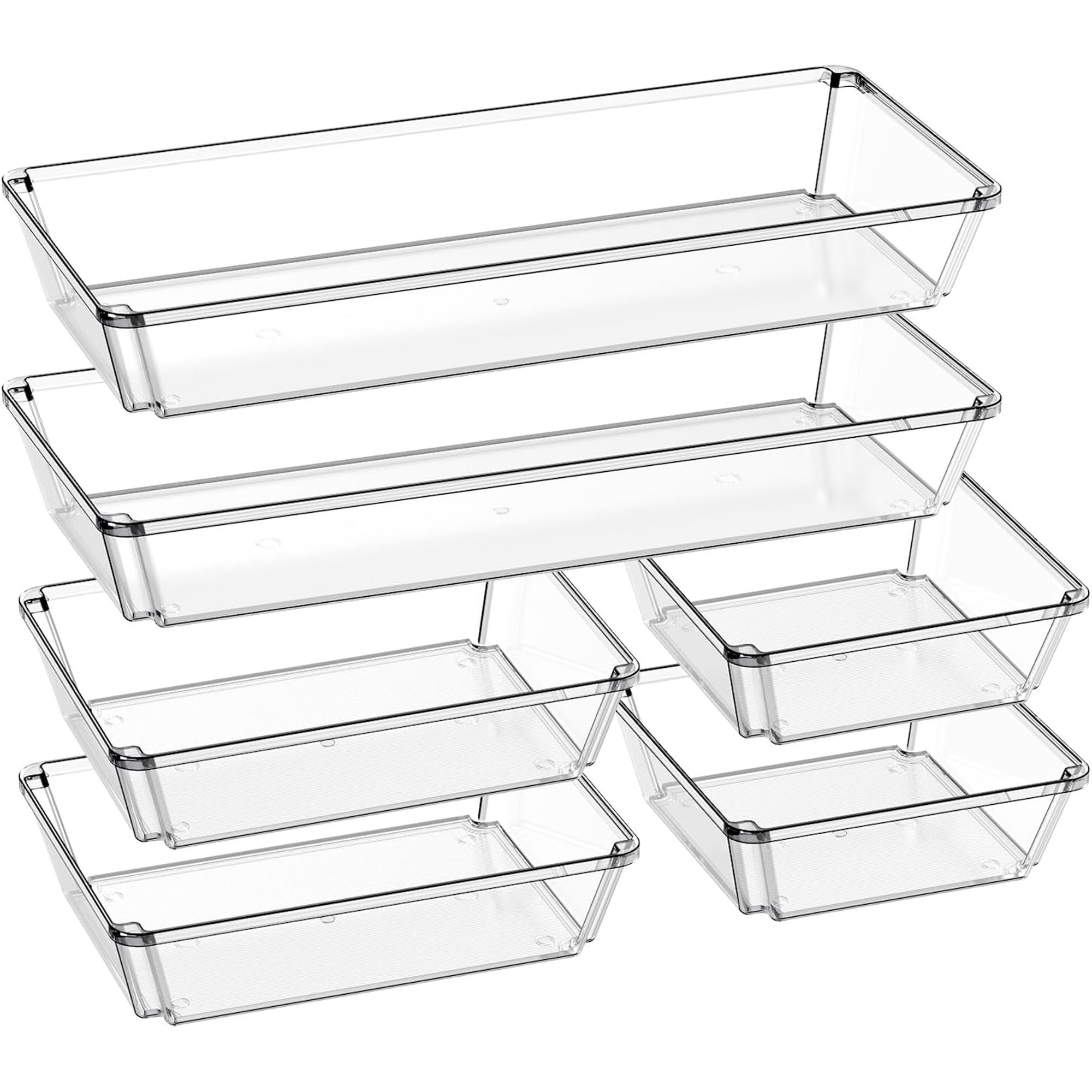 6 Pack Large Clear Plastic Drawer Organizer Trays, Desk Drawer Organizers and Storage Dividers, Non-Slip Storage Bins for Jewelry, Snacks, Office, Bathroom, Bedroom and Kitchen