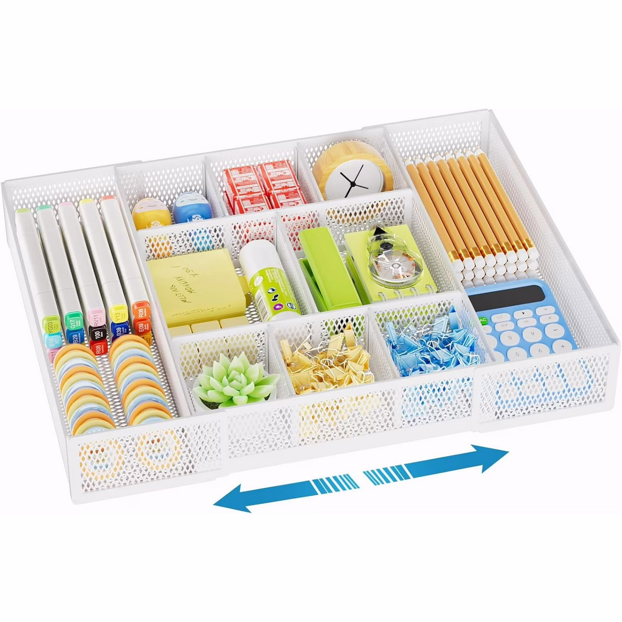 Expandable Desk Drawer Organizer, Mesh Drawer Organizer Tray with 10 Adjustable Compartments, Desk Organizers and Accessories, 5 Dividers Drawer for Office Supplies, Makeup & Vanity (White 2pack)