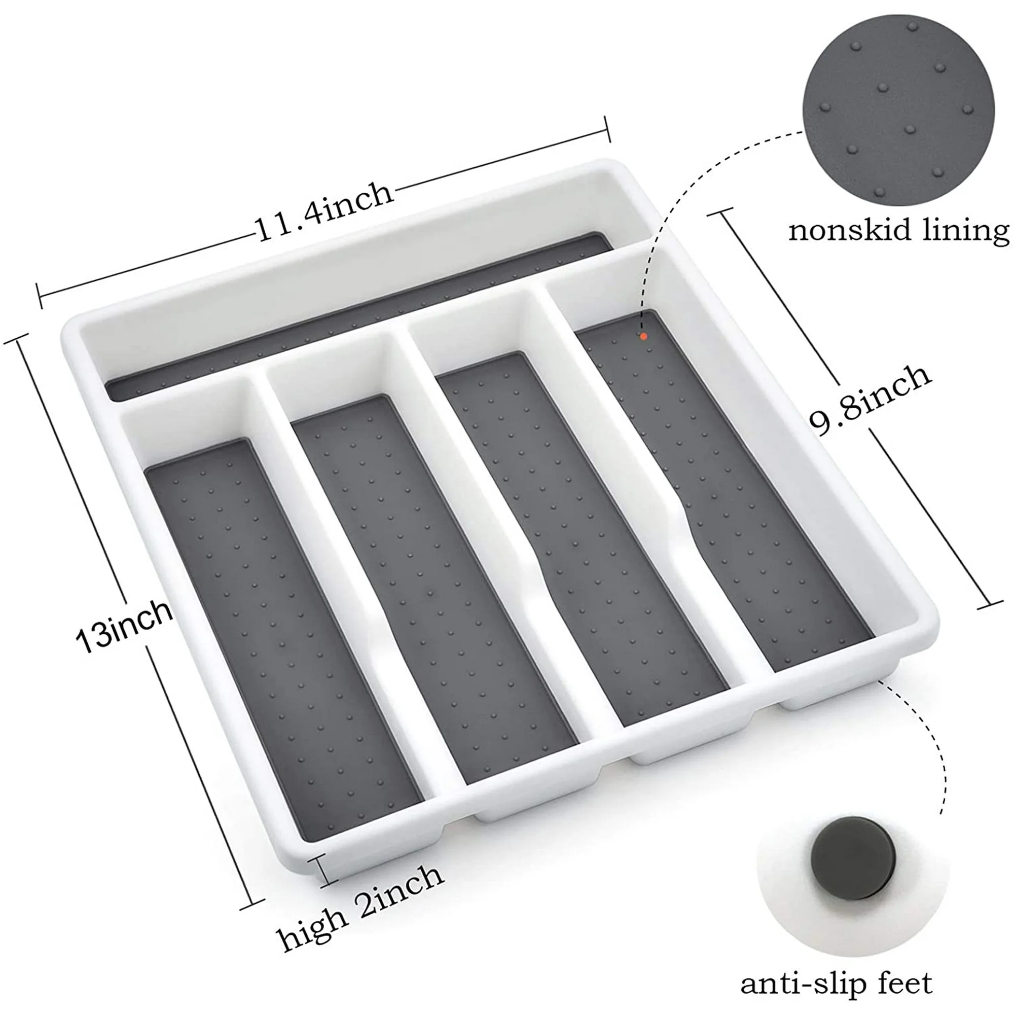 Silverware Tray for Drawer with Five Sections, Flatware Organizer/Cutlery Holder with Soft Grip Lining and Non-slip Rubber Feet, Multi-Purpose Storage for Kitchen, Office, Bathroom Supplies