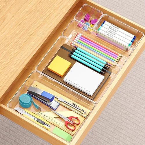 Drawer Organizers Set of 65, 4 Sizes Clear Plastic Drawer Organizers and Storage Bins for Kitchen, Bathroom, Office, Dresser Desk Drawer Organizer Tray for Jewelry, Makeup, Junk, Gadgets$$Office