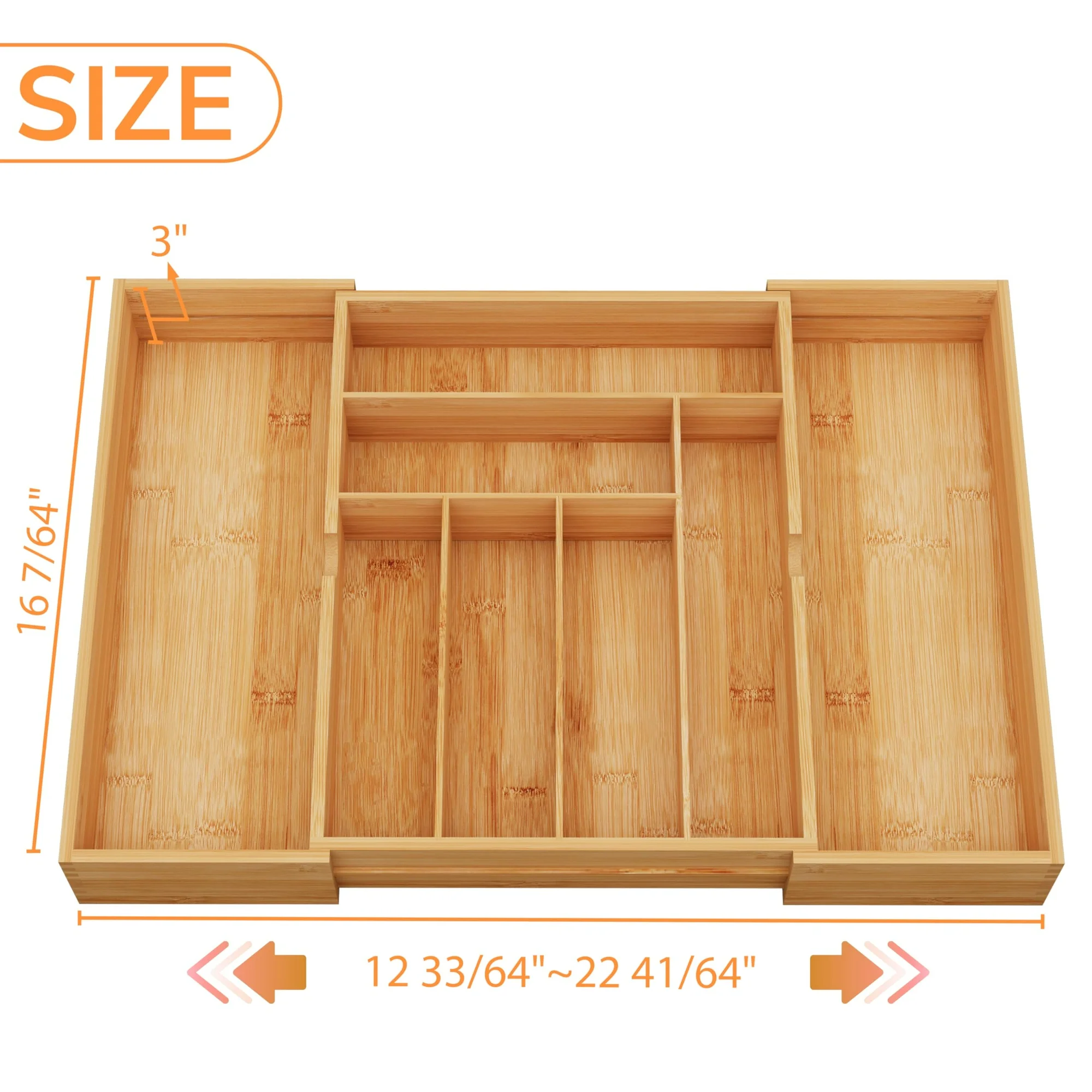 Expandable 3Deep Drawer Organizer, Multi-Purpose Silverware Tray for Kitchen Cutlery, Bathroom Toiletries, Dresser Cosmetics, Sturdy Bamboo Divider (Brown)