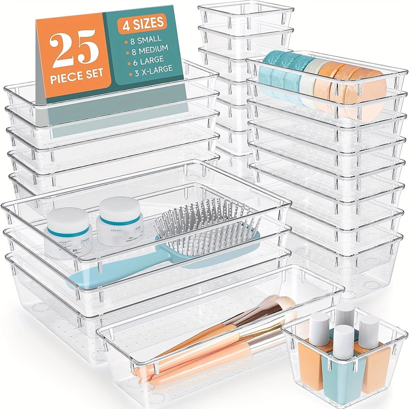 Clear Drawer Organiser Tray Bathroom and Vanity Organiser Tray Drawers Storage Bins for Makeup Kitchen Utensils Jewelry
