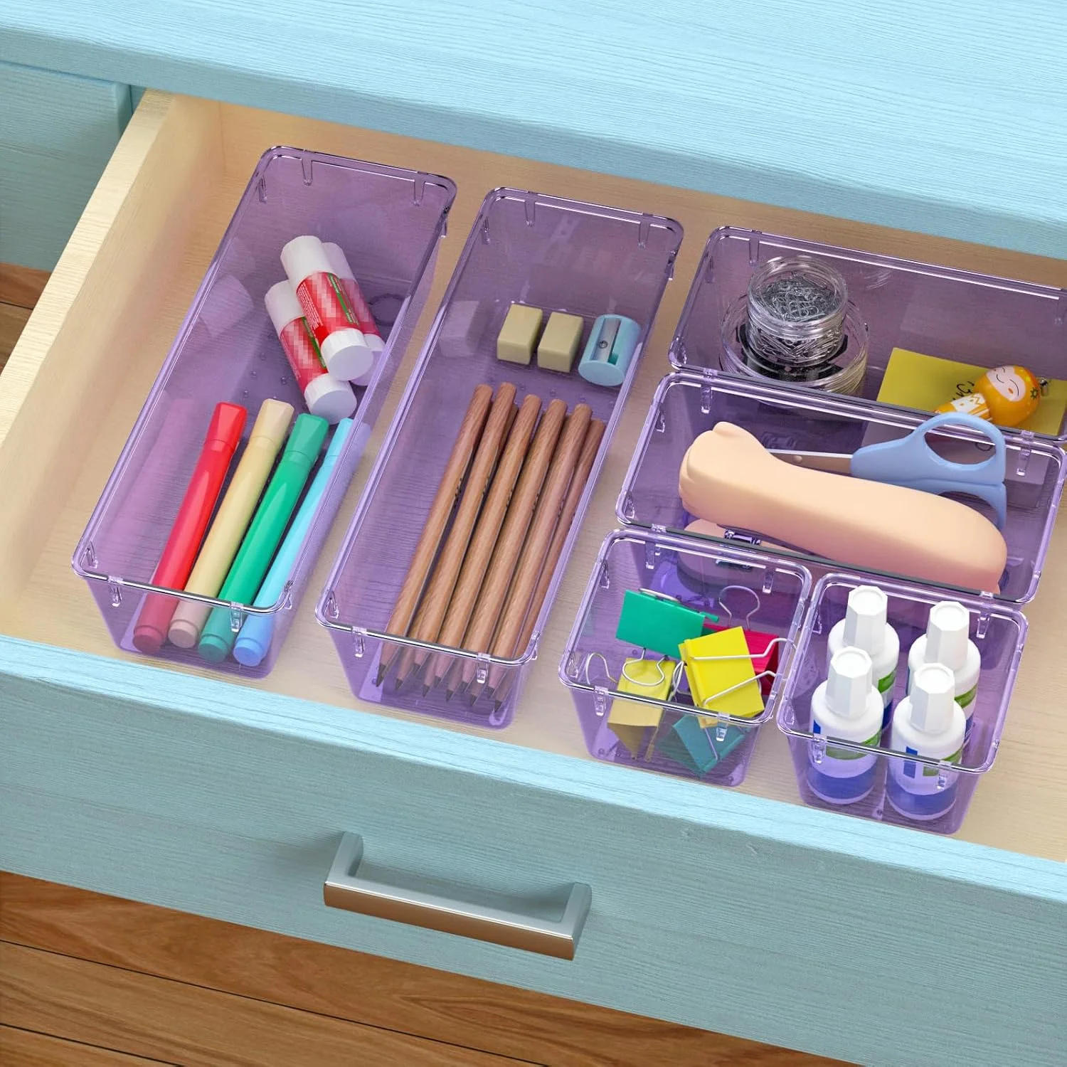 SUMMIT 6 Pack Clear Drawer Organizer Set, Acrylic Drawer Storage Trays, Storage Bins for Makeup, Cosmetics, Jewelries, Utensils, Gadgets, Office, Sea Blue