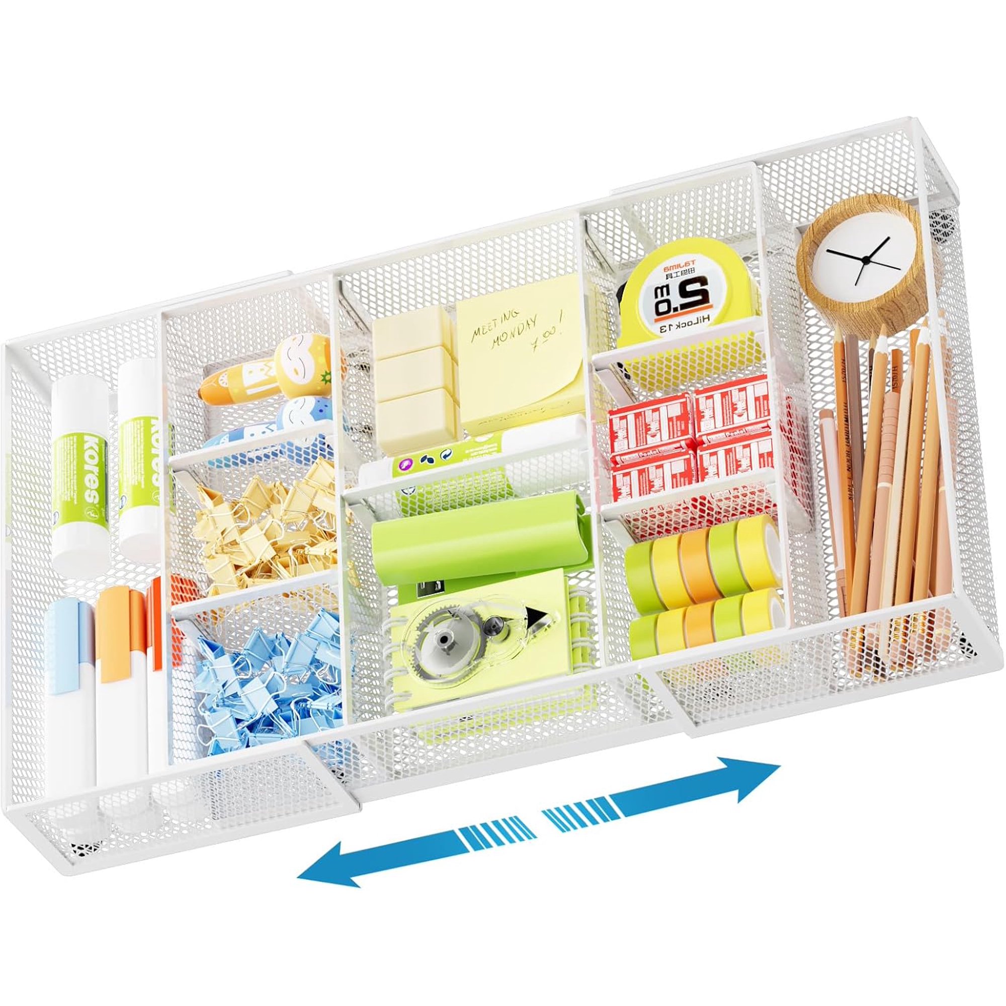 Expandable Desk Drawer Organizer, Mesh Drawer Organizer Tray with 10 Adjustable Compartments, Desk Organizers and Accessories for Office Supplies (Longer Expandable Drawer Organizer-W 2pack)