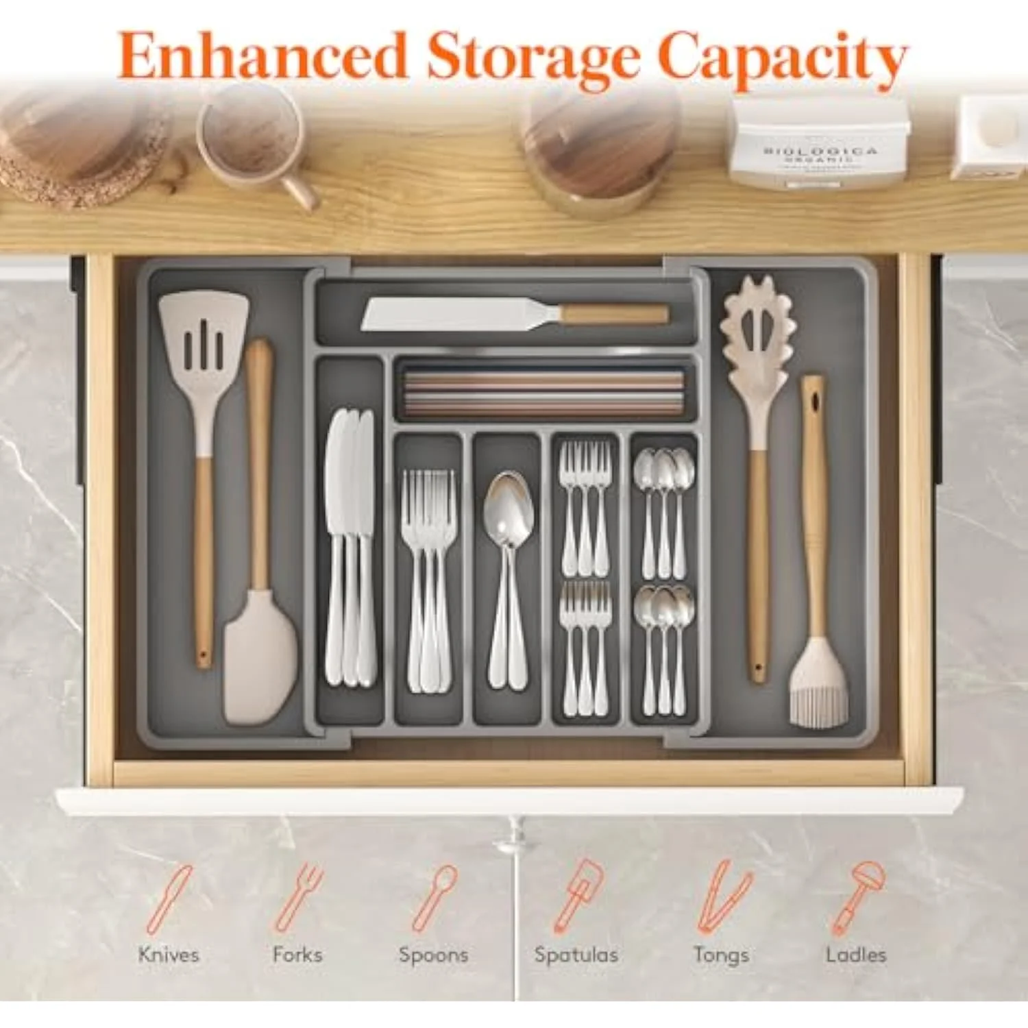 Silverware Drawer Organizer, Expandable Utensil Organizer for Kitchen Drawers, Adjustable Cutlery and Flatware Tray, Plastic Spoons Forks Knives Holder Storage Dividers, Large, Gray