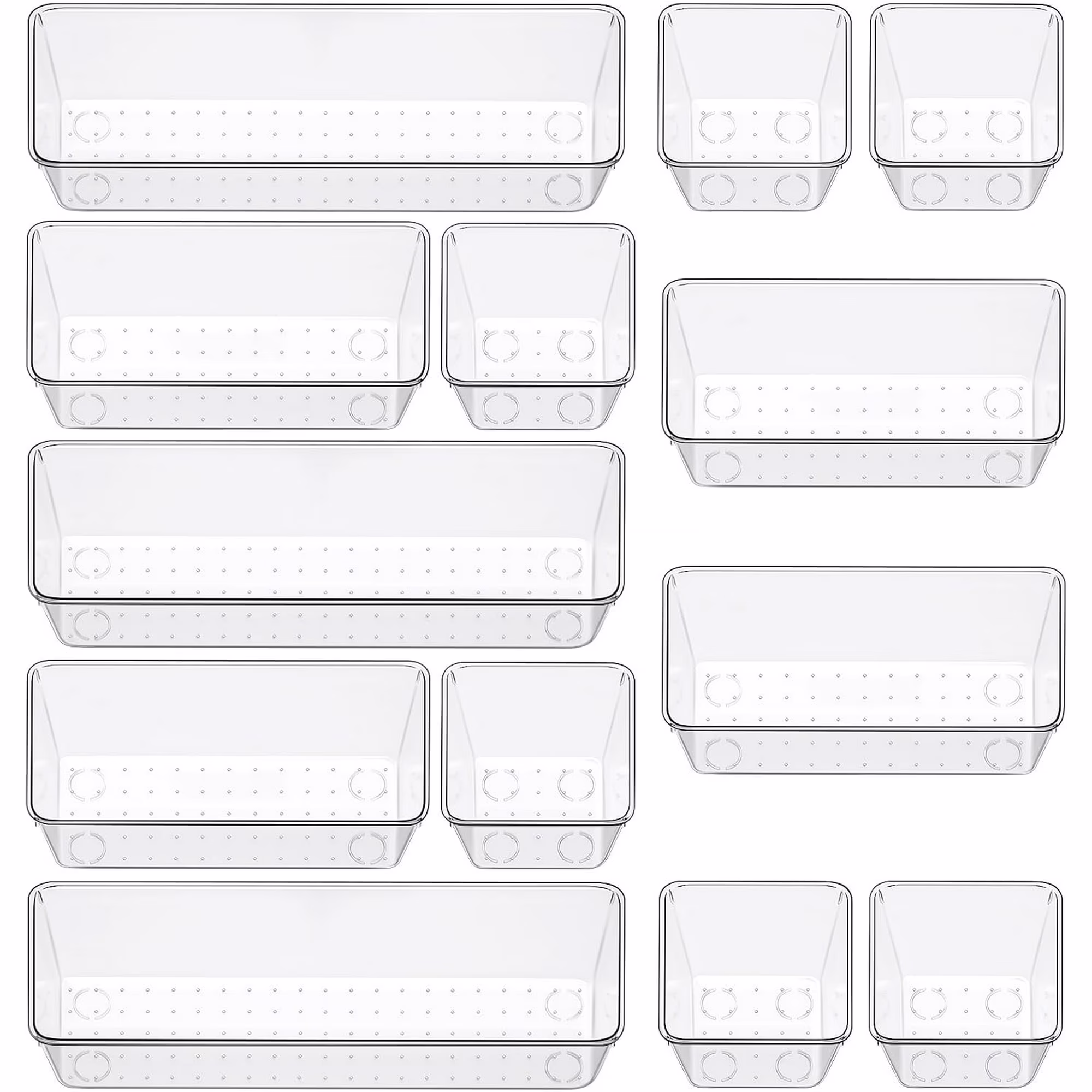 12 Piece Clear Drawer Organizer Set, 3 Sizes Bathroom Vanity Organizer Trays and Storage Bins for Makeup, Cosmetics, Jewelry, and Gadgets. Perfect for Office, Kitchen, Bedroom, Bathroom Use.