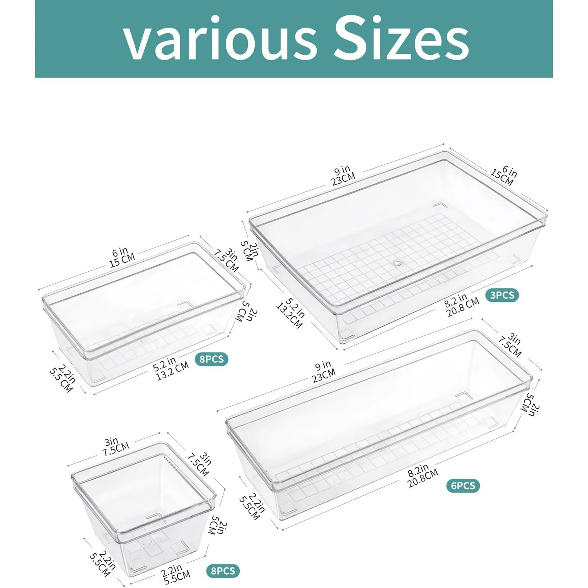 Clear Plastic Drawer Organizer Storage - 25Pcs 4 Size Desk Bathroom Kitchen Organizers and Accessories Office Organization, Vanity Stackable Drawers Bins Trays Containers Dividers Makeup Sets