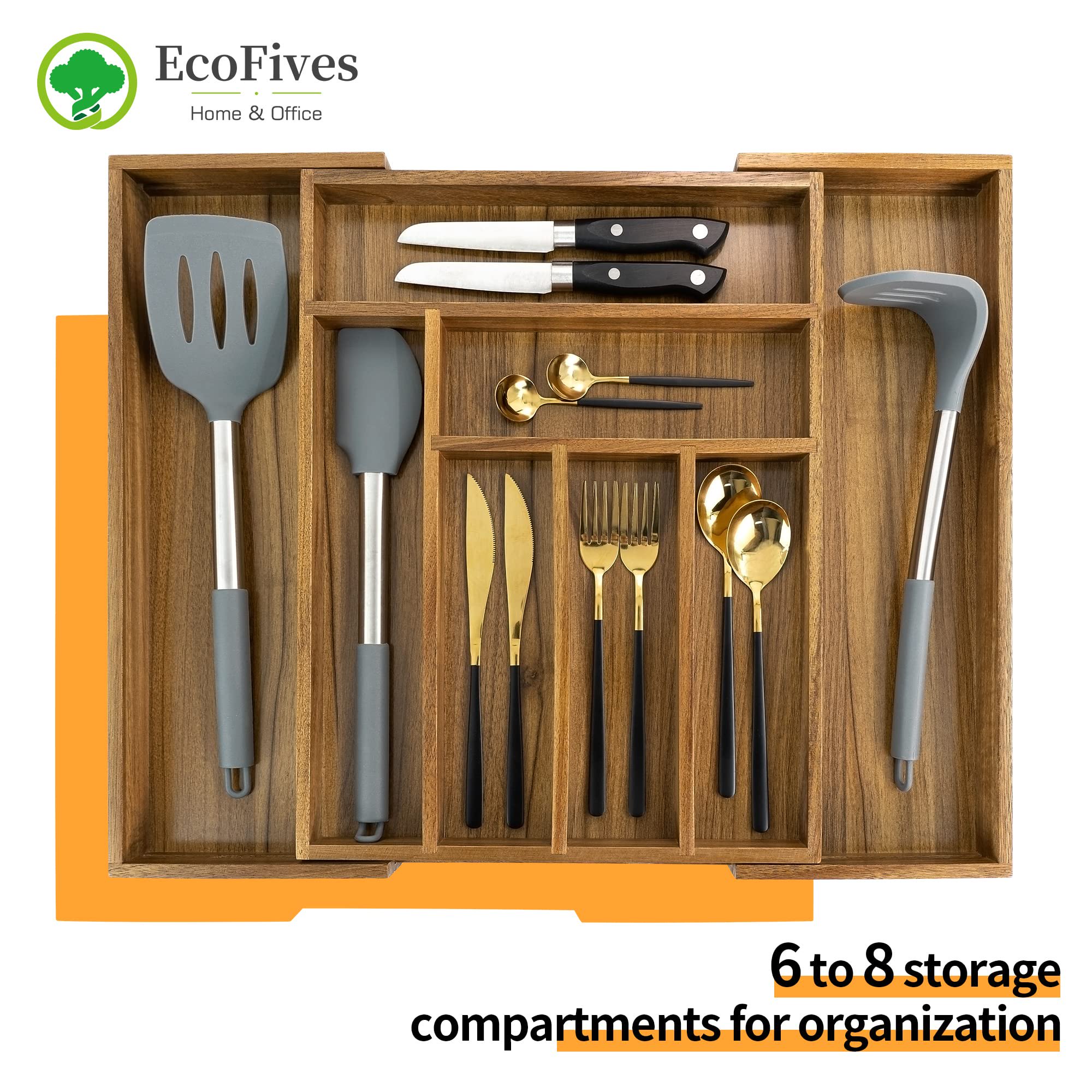 Acacia Cutlery Tray Organizer, Adjustable Kitchen Drawer Divider for Flatware, 8 Compartment Utensil Holder, Fits Standard Drawers, Multipurpose Storage, Brown