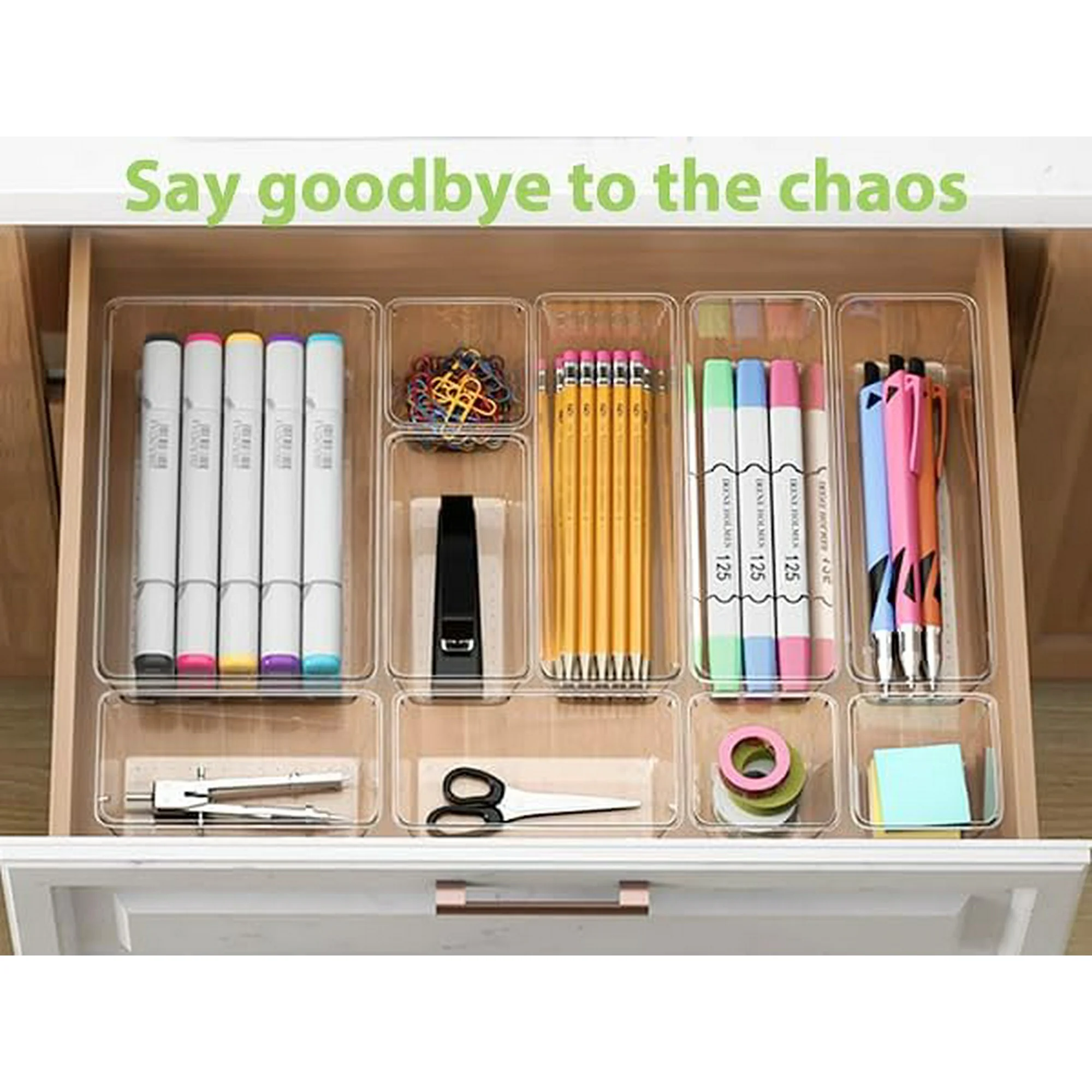 12 Piece Clear Drawer Organizer Set, 3 Sizes Bathroom Vanity Organizer Trays and Storage Bins for Makeup, Cosmetics, Jewelry, and Gadgets. Perfect for Office, Kitchen, Bedroom, Bathroom Use.