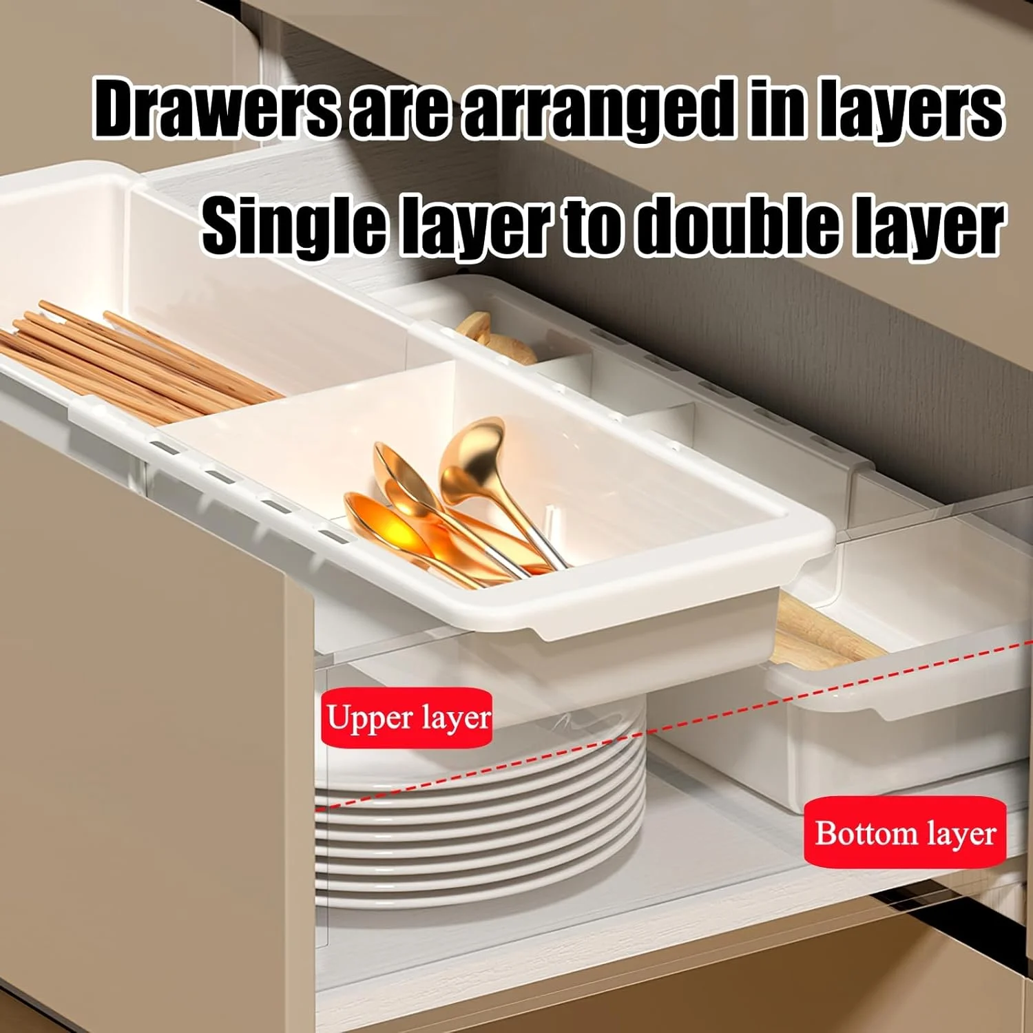 Expandable Drawer Organizer, 2 PCS Adjustable Trays for Office, Kitchen, Makeup, Tools