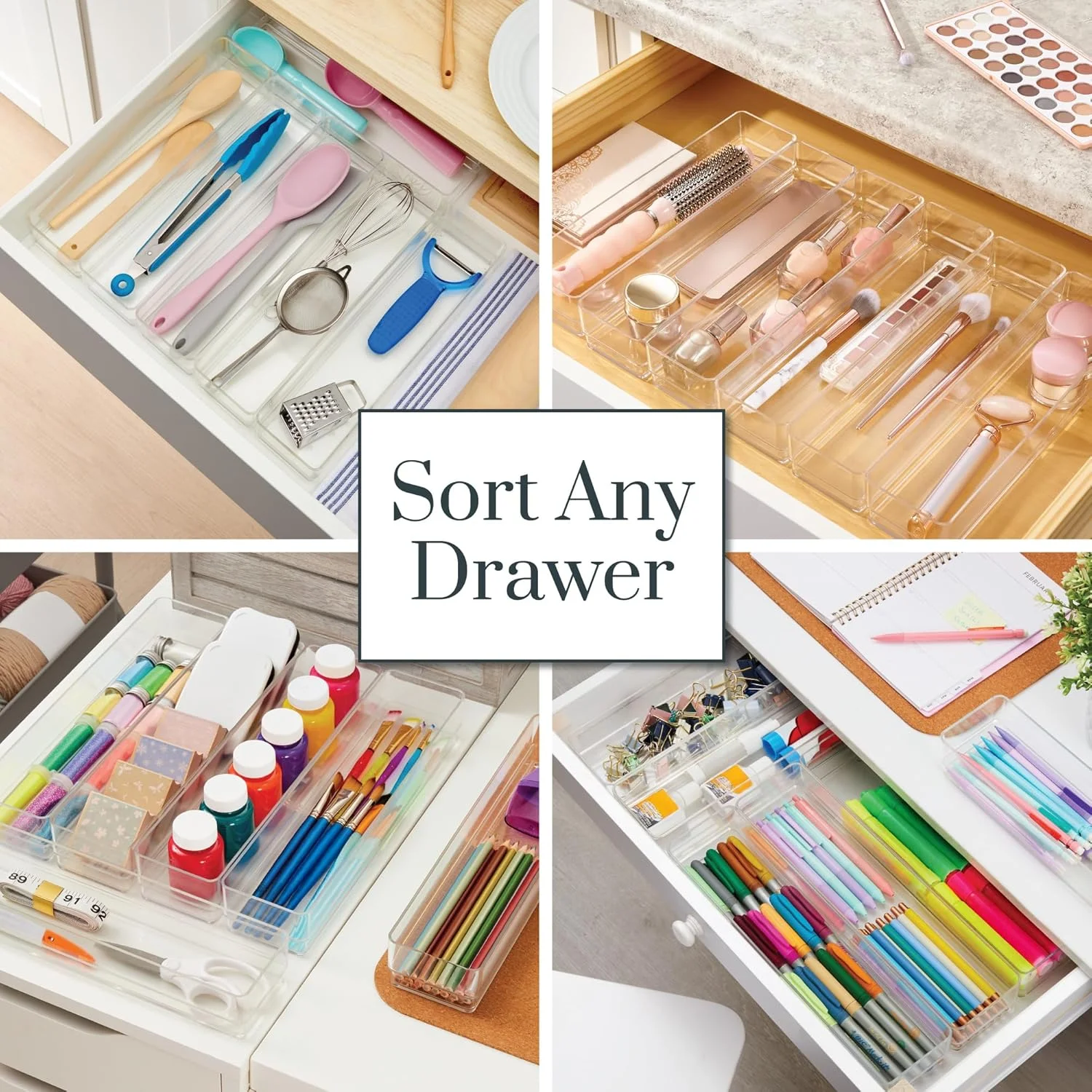 SimpleSort 6-Piece Stackable Clear Plastic Drawer Organizers, 12 x 3 x 2 Inch Rectangle Trays for Makeup Vanity, Office Desk, Kitchen Utensil Storage,Made