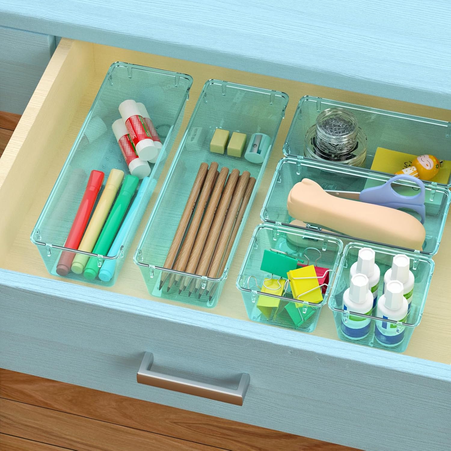 SUMMIT 6 Pack Clear Drawer Organizer Set, Acrylic Drawer Storage Trays, Storage Bins for Makeup, Cosmetics, Jewelries, Utensils, Gadgets, Office, Sea Blue