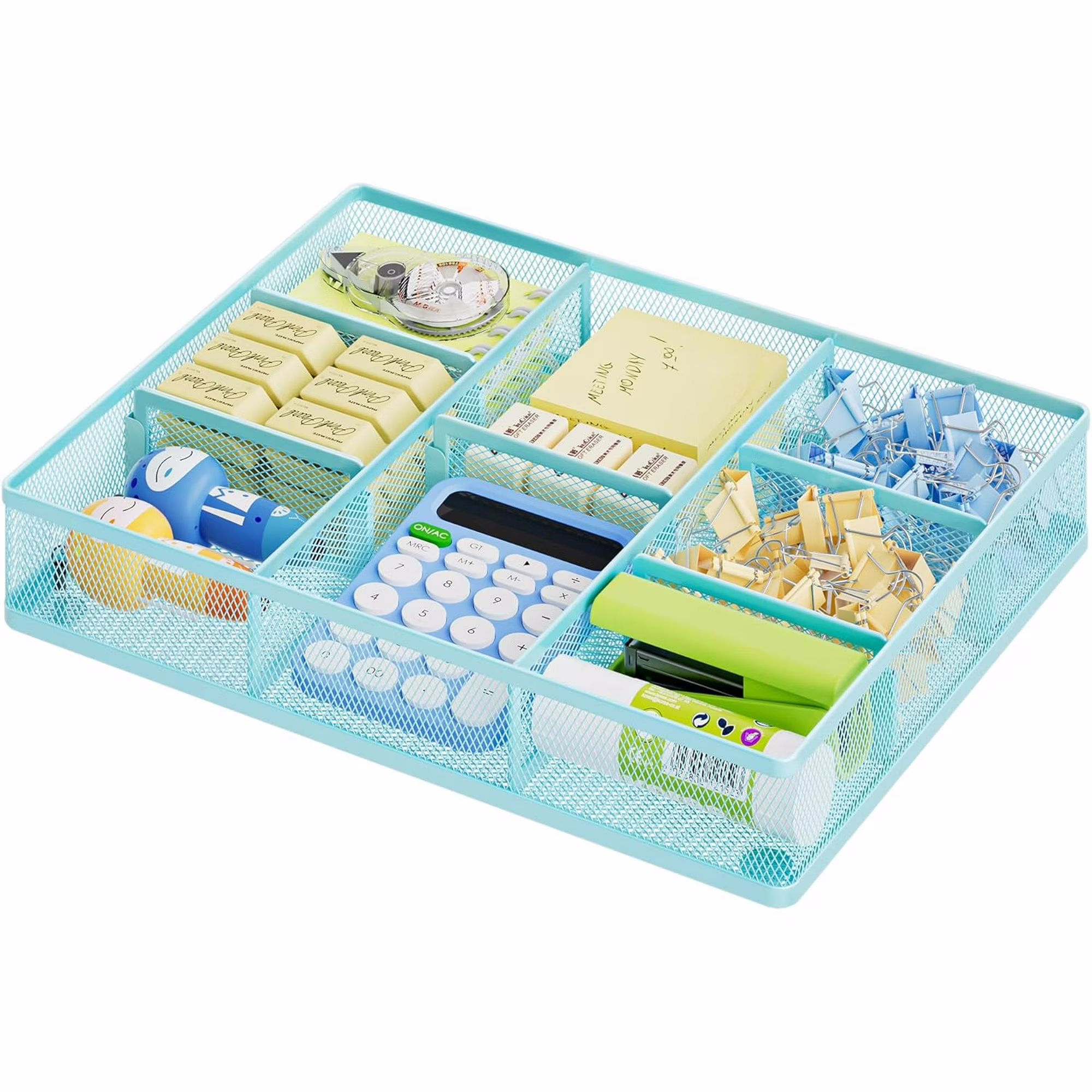 WarmHaven Desk Drawer Organizer, Metal Mesh Drawer Organizer Tray with 5 Adjustable Compartments,Desk Organizers and Accessories for Home,Office,Kitchen,Makeup,Vanity (Blue)