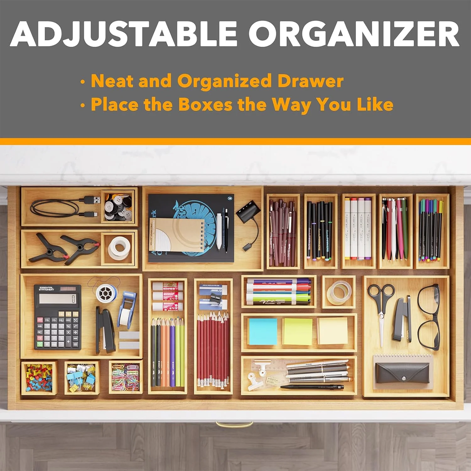 21-Piece Bamboo Drawer Organizer Storage Boxes Set, Wood Tray Junk Drawer Organizers Multi-Use Divider Bins for Kitchen, Bathroom, Office Desk and Makeup Organization (21 Pack, Natural)