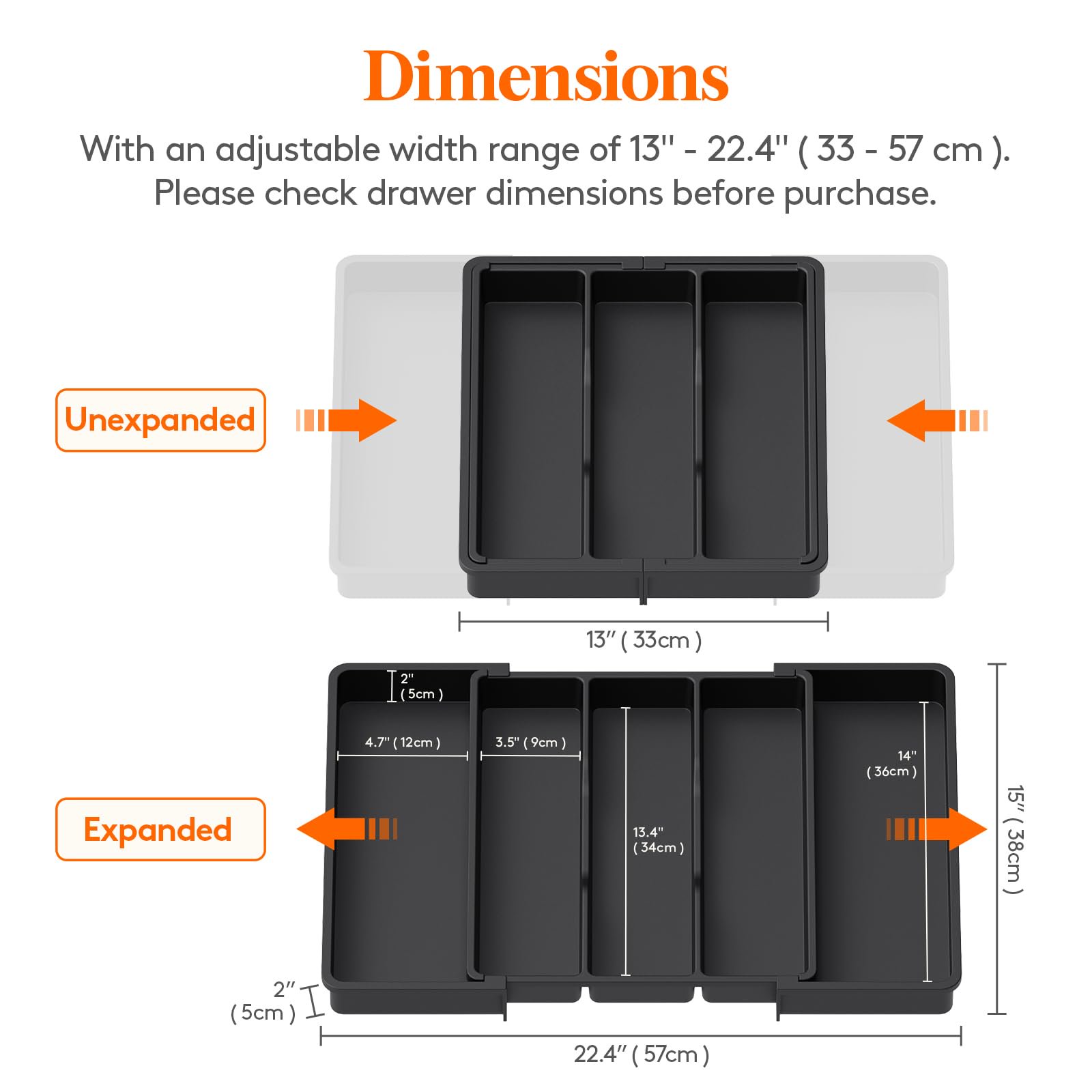 Expandable Cutlery Drawer Tray Organizer, Adjustable Kitchen Utensil Holder for Spatulas Tongs Flatware, 5 Compartment Storage Divider, Fits 13-22.4 Inch Drawers, Black
