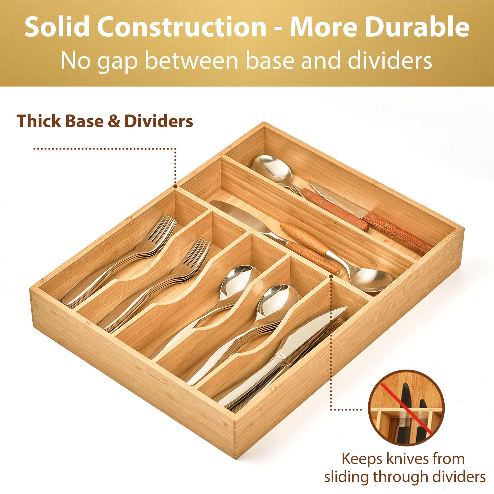 13 Inch Bamboo Kitchen Organizer, 7-Slot Utensil Tray for Drawers, Extra Deep Divider for Forks Spoons Knives and Cooking Tools, Natural Wood Design, Orange