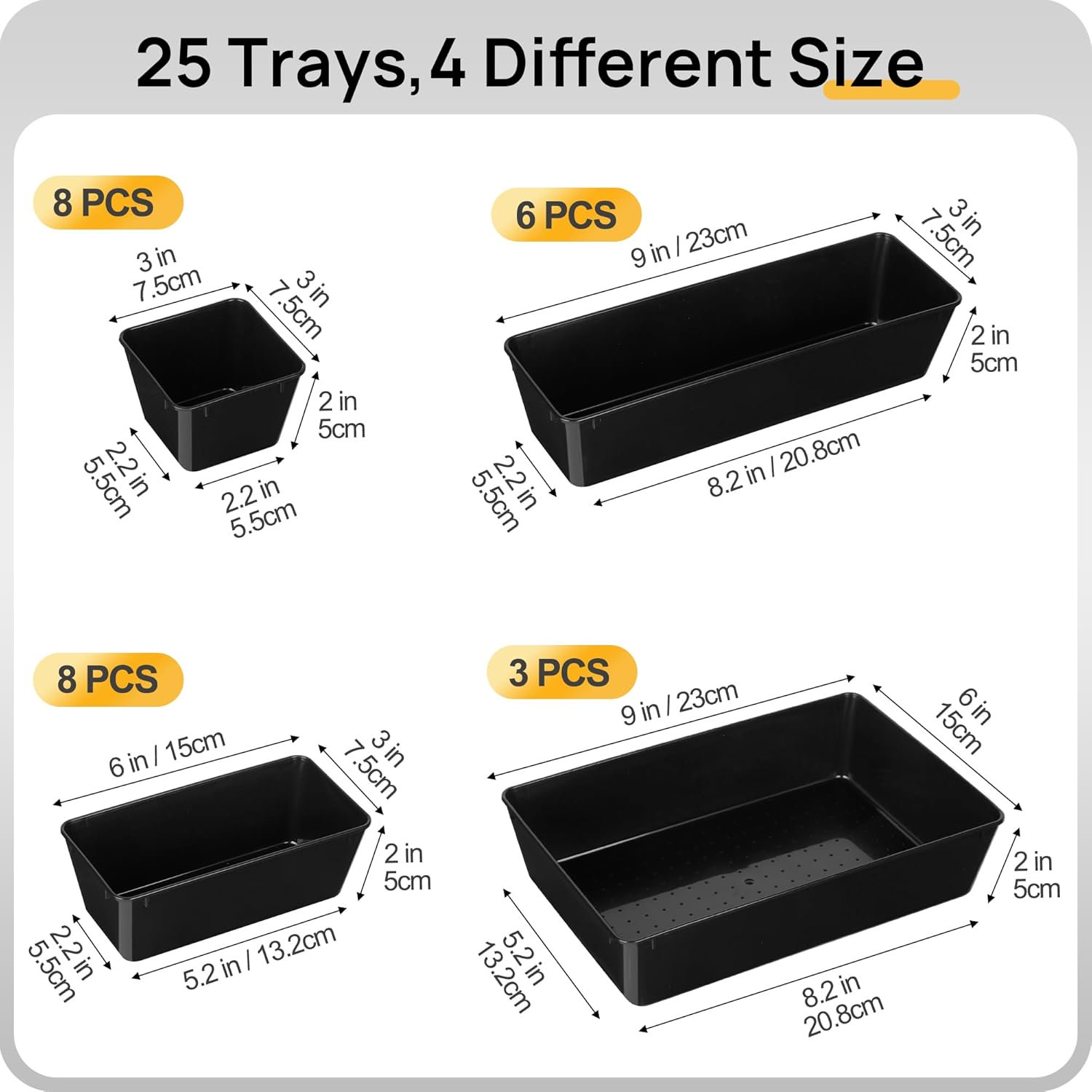 PrimeCook Shop 25 PCS Office Desk Drawer Organizers Set,4-Size Versatile Plastic Drawer Organizer Trays,Storage Bins for Desk Accessories Office Organizers and Storage, Bathroom, Makeup, Vanity,Black