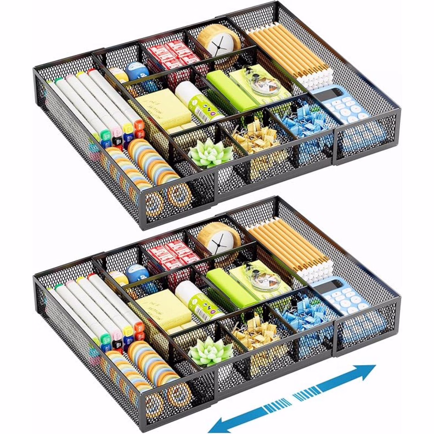 Expandable Desk Drawer Organizer, Mesh Drawer Organizer Tray with 10 Adjustable Compartments, Desk Organizers and Accessories for Office Supplies, Makeup & Vanity (Expandable Black-2 pack)