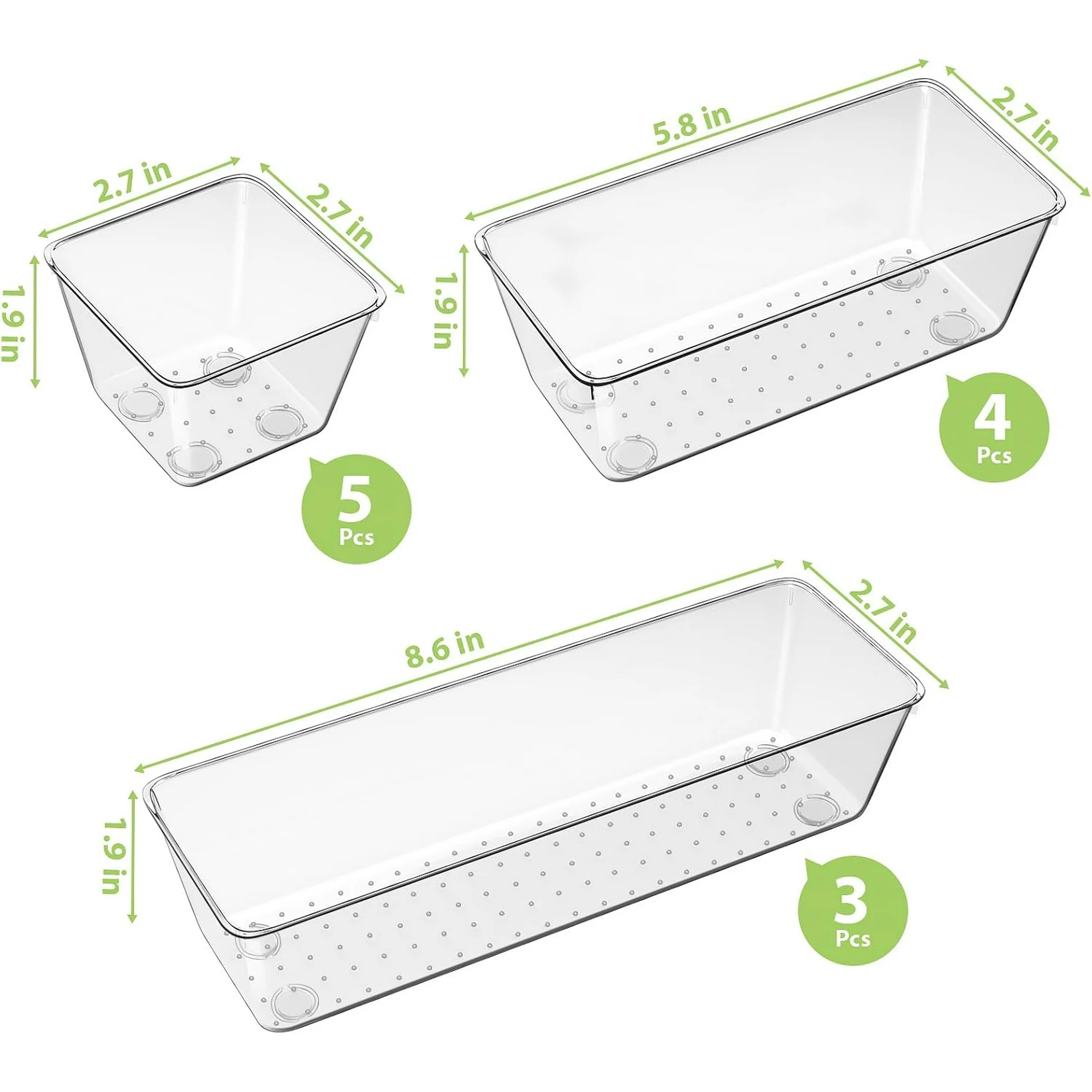 12 Piece Clear Drawer Organizer Set, 3 Sizes Bathroom Vanity Organizer Trays and Storage Bins for Makeup, Cosmetics, Jewelry, and Gadgets. Perfect for Office, Kitchen, Bedroom, Bathroom Use.