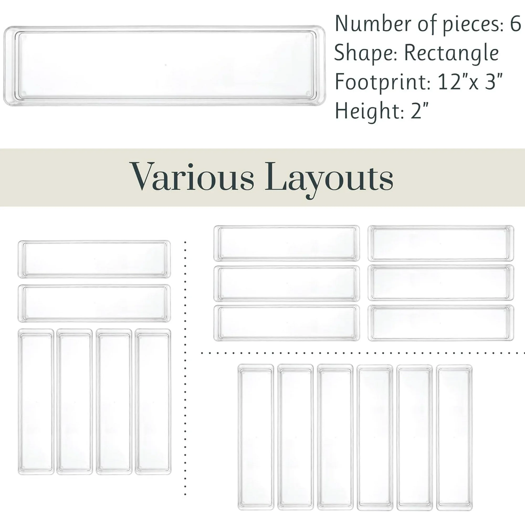SimpleSort 6-Piece Stackable Clear Plastic Drawer Organizers, 12 x 3 x 2 Inch Rectangle Trays for Makeup Vanity, Office Desk, Kitchen Utensil Storage,Made