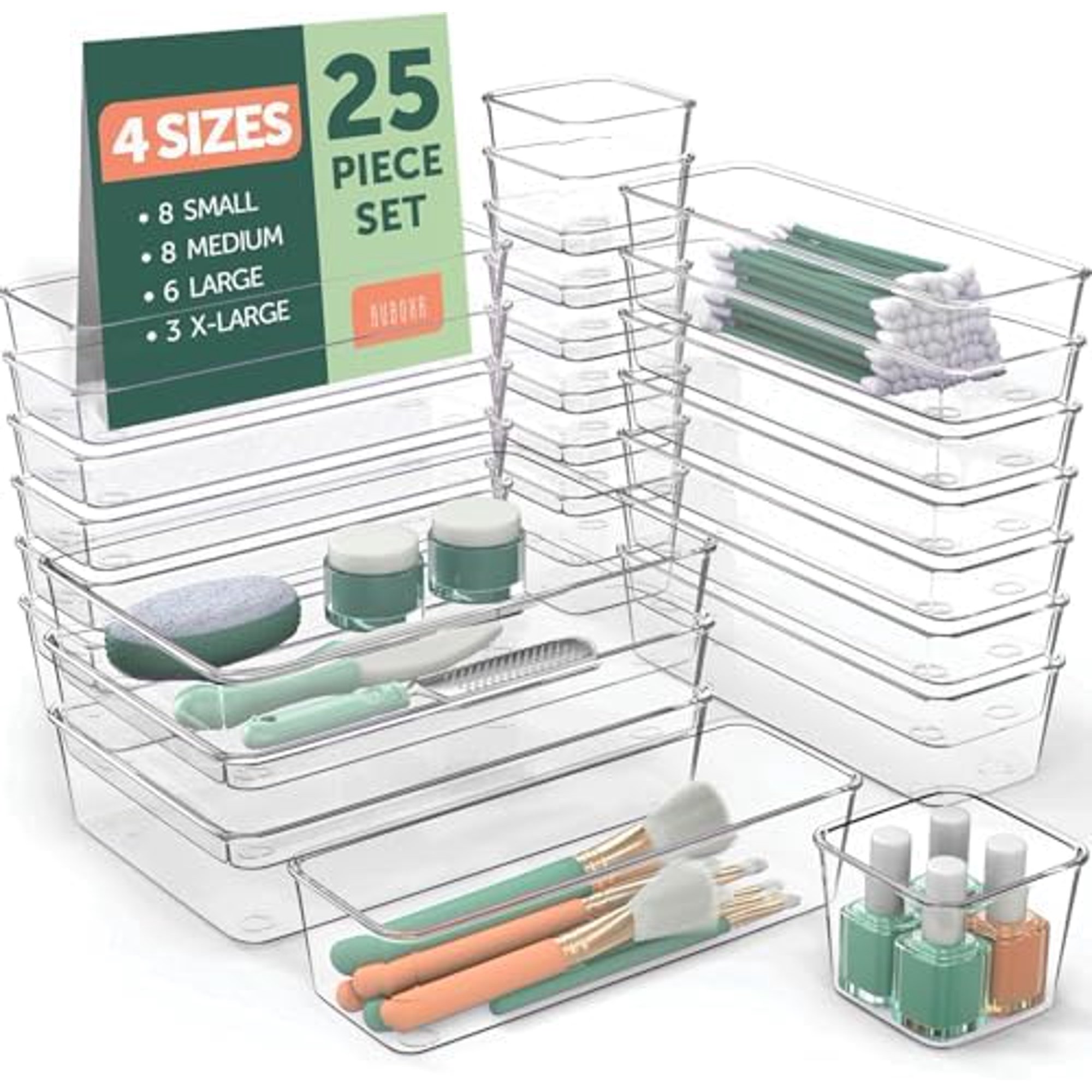 25 PCS Clear Plastic Drawer Organizers Set,4 Sizes Clear Drawer Organizers & storage Bins for Makeup/Jewelry Vanity, Kitchen Gadgets Or Office Desk. Bathroom Drawer Organizer Trays With Non-Slip Pads