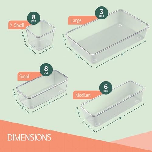25 PCS Clear Plastic Drawer Organizers Set,4 Sizes Clear Drawer Organizers & storage Bins for Makeup/Jewelry Vanity, Kitchen Gadgets Or Office Desk. Bathroom Drawer Organizer Trays With Non-Slip Pads