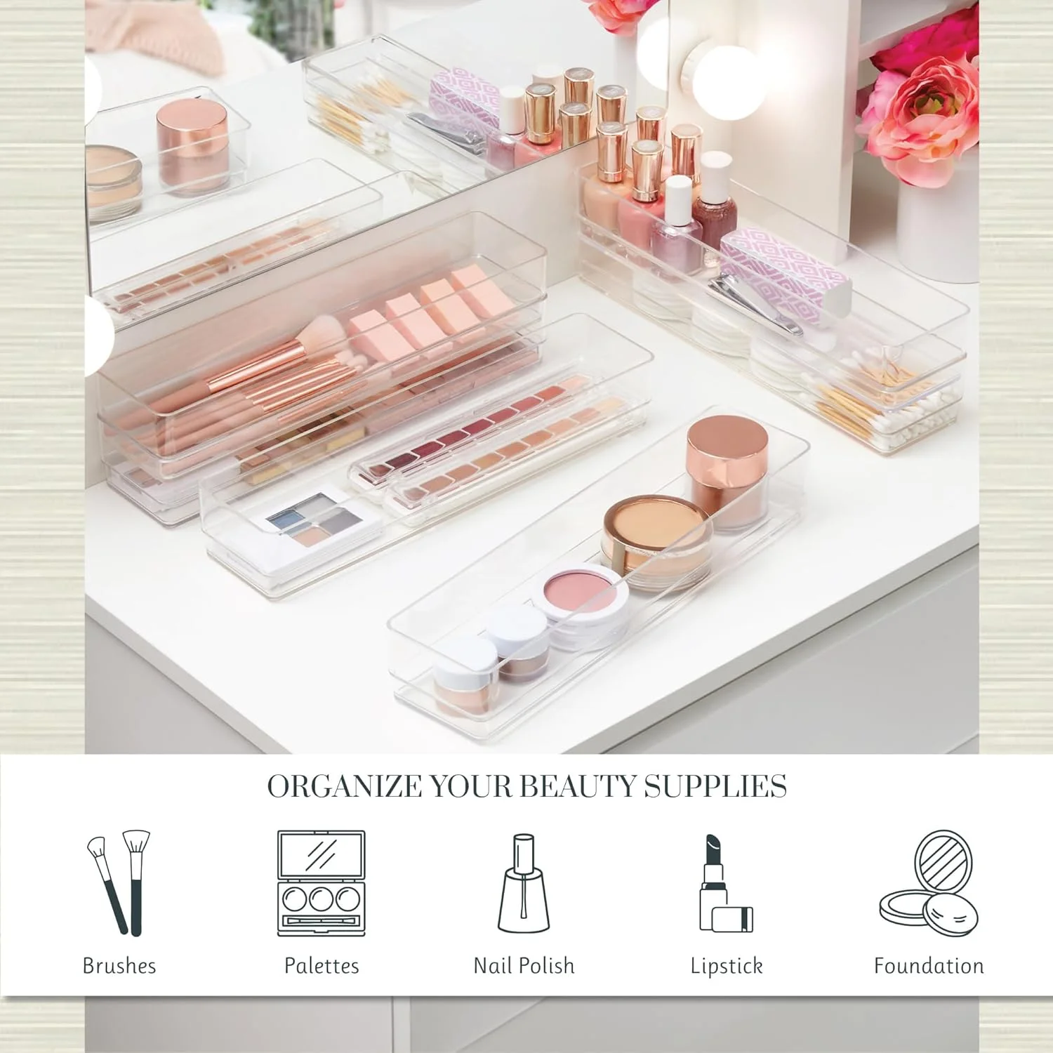 SimpleSort 6-Piece Stackable Clear Plastic Drawer Organizers, 12 x 3 x 2 Inch Rectangle Trays for Makeup Vanity, Office Desk, Kitchen Utensil Storage,Made