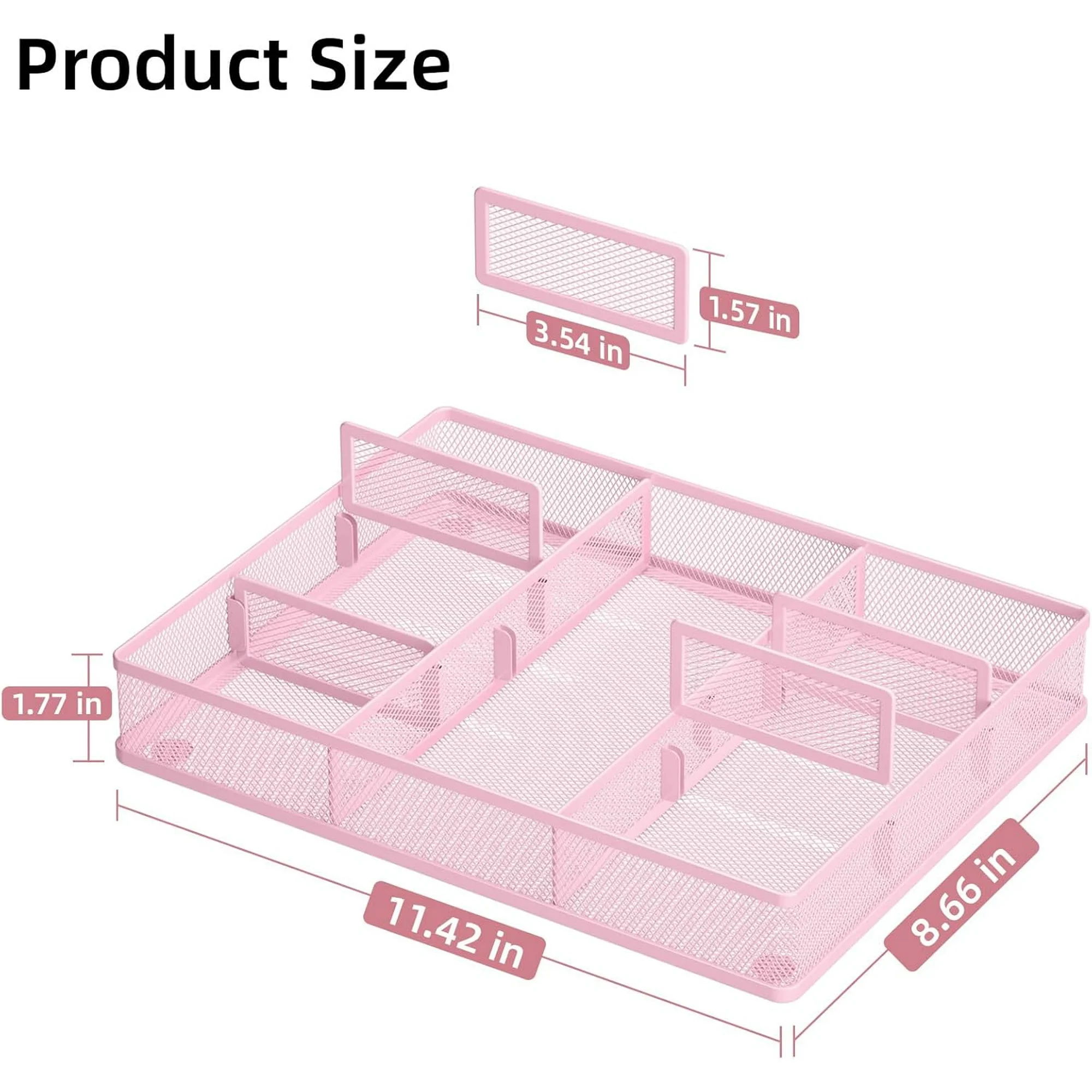 WarmHaven Pink Desk Drawer Organizer, Metal Mesh Drawer Organizer Tray with 5 Adjustable Compartments,Desk Organizers and Accessories for Home,Office,Kitchen,Makeup,Vanity (Pink)