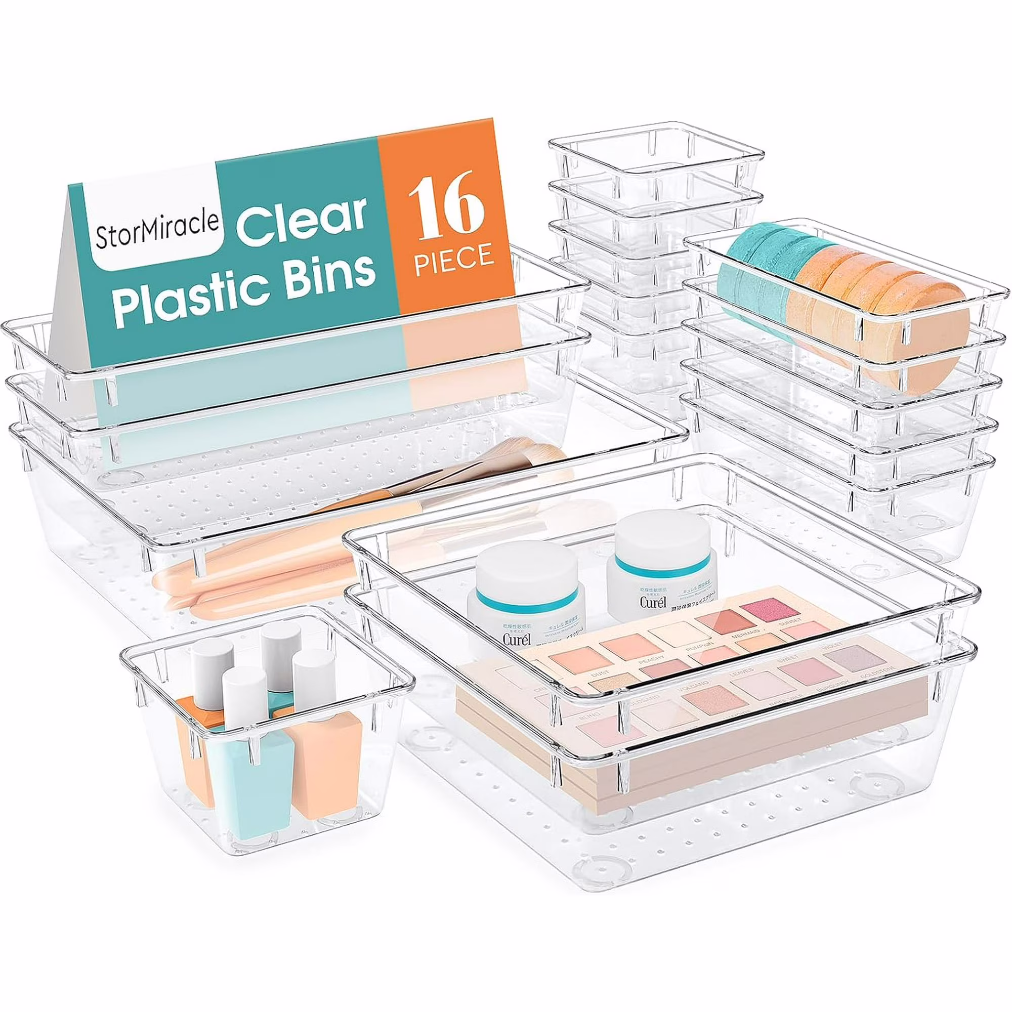 16-piece drawer organizer set, 5 different sizes of bathroom and kitchen drawer cabinet organizing trays