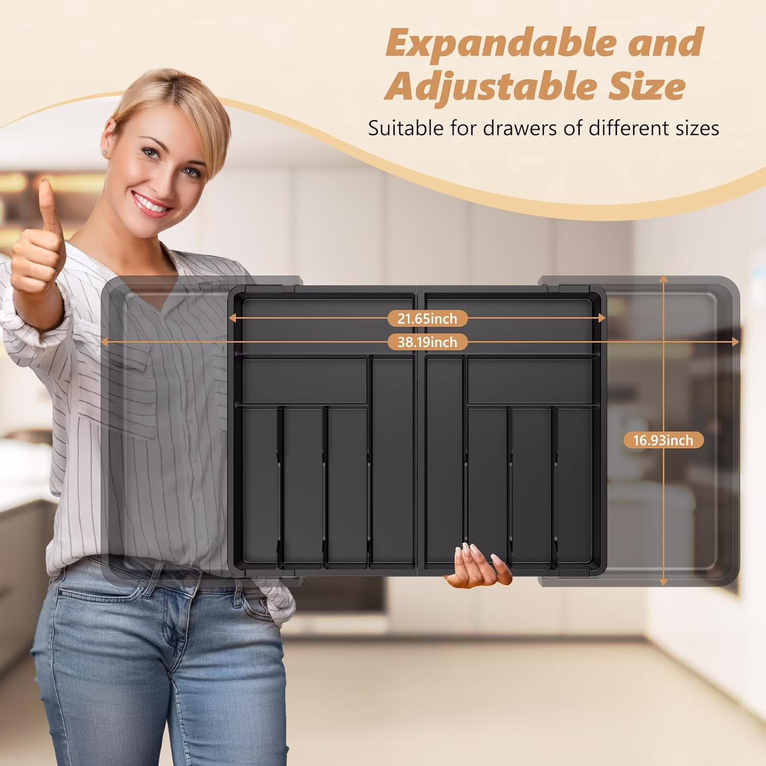 Large Silverware Drawer Organizer - Expandable from 22 to 36in -  Plastic Utensil Tray for Kitchen - Adjustable Flatware and Cutlery Holder for Spoons Forks Knives