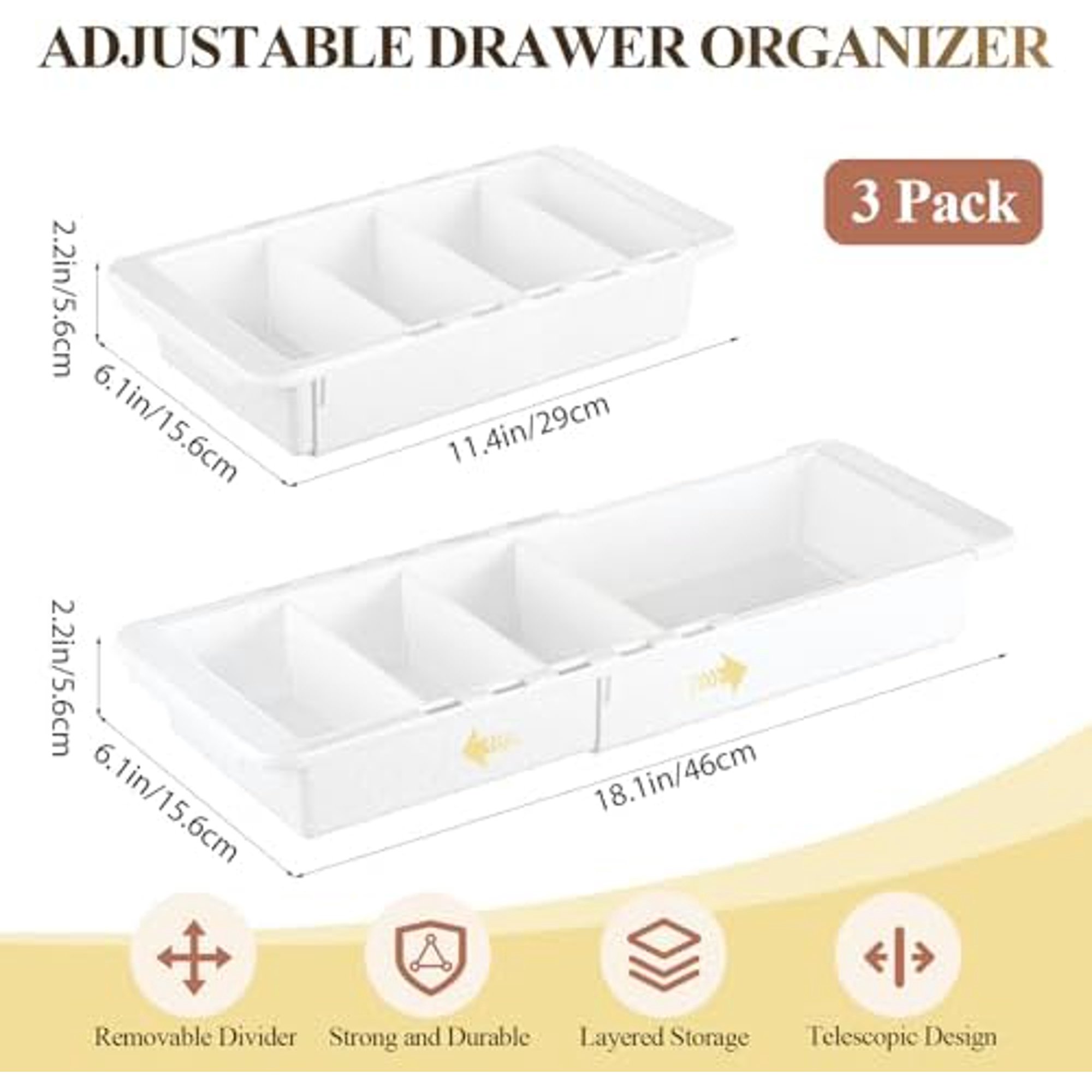 3 Pcs Expandable Drawer Organizer Bins Adjustable Deep Drawer Hanging Organizer Trays Expandable 11.4 to 18.1 Inches Plastic Dividers Storage for Office Bathroom Bedroom Kitchen Desk, White$$Office