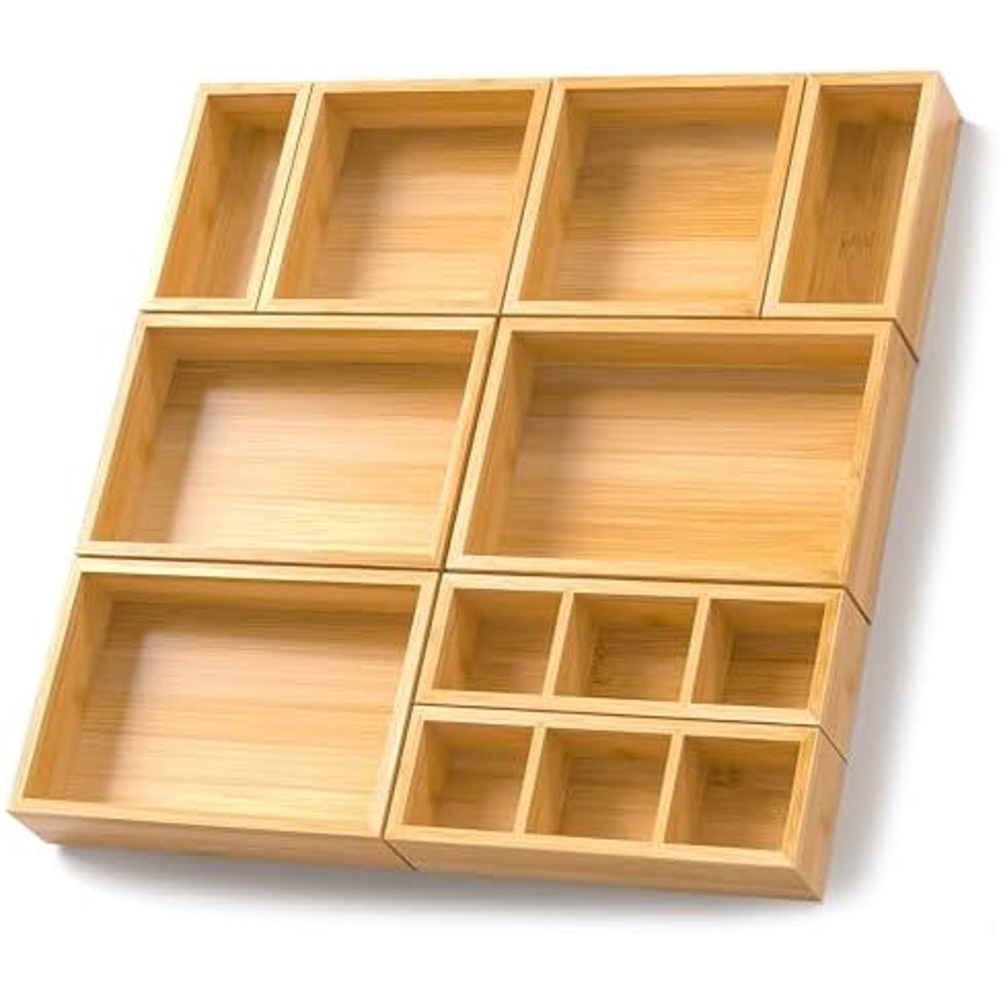 Bamboo Drawer Organizer, Set of 9 Wood Kitchen Junk Tea Desk Office Tray, Wooden Storage Boxes Organizers for Bathroom, Office (2H 9 Boxes)$$Office
