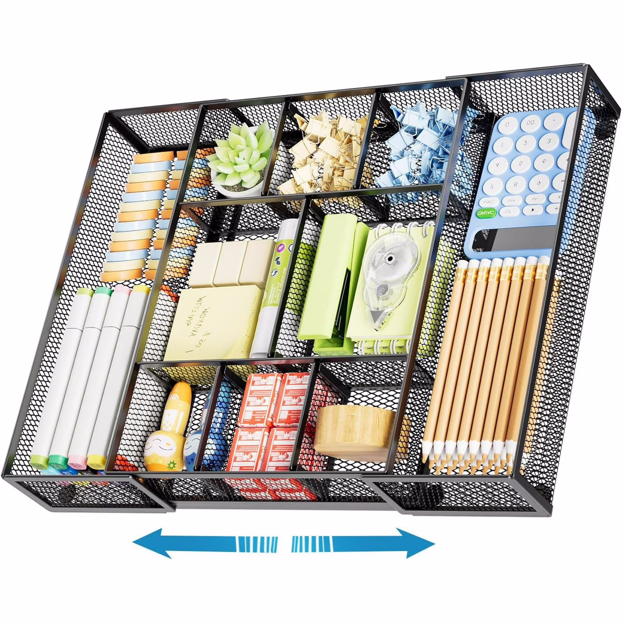 Expandable Desk Drawer Organizer, Mesh Drawer Organizer Tray with 10 Adjustable Compartments, Desk Organizers and Accessories, 5 Dividers Drawer for Office Supplies, Makeup & Vanity (Black 2 pack)