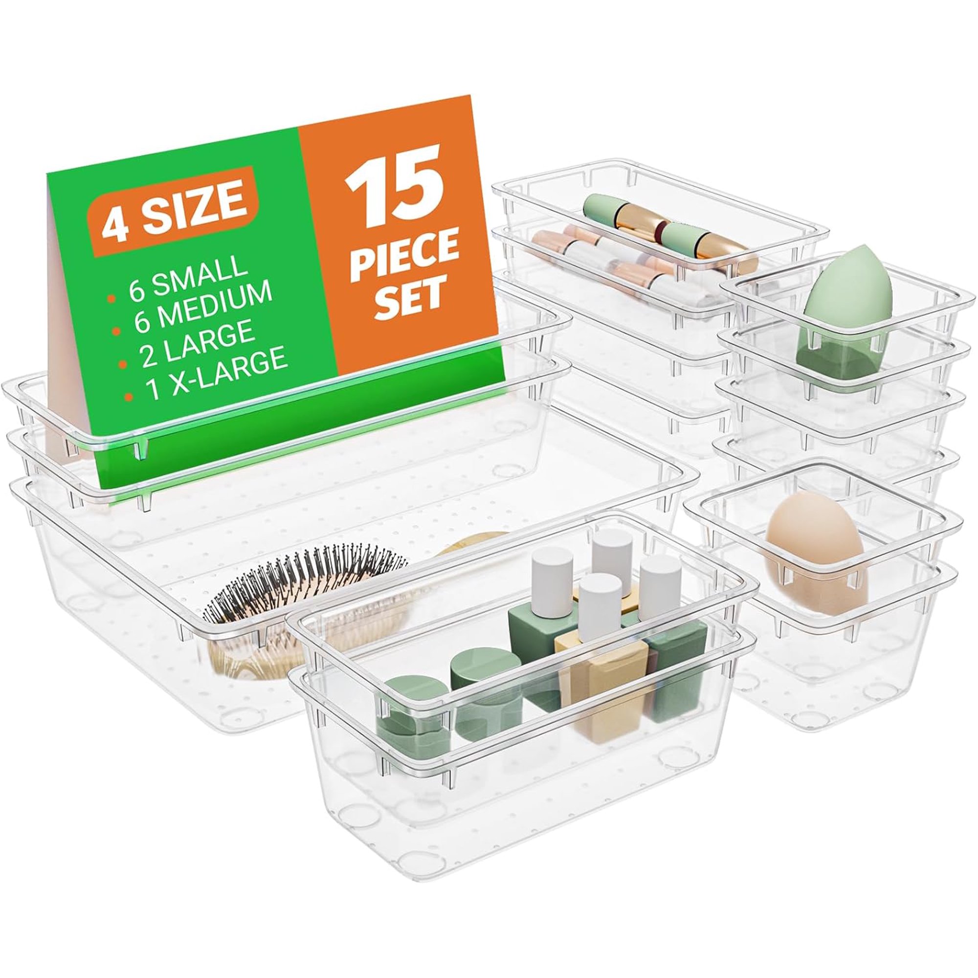 15 PCS Clear Plastic Drawer Organizer Set, 4-Size Acrylic Drawer Storage Trays, Storage Bins for Makeup, Gadgets, and Jewelry in Bathroom, Bedroom and Office, Clear Black