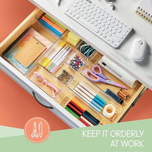 25 PCS Clear Plastic Drawer Organizers Set,4 Sizes Clear Drawer Organizers & storage Bins for Makeup/Jewelry Vanity, Kitchen Gadgets Or Office Desk. Bathroom Drawer Organizer Trays With Non-Slip Pads