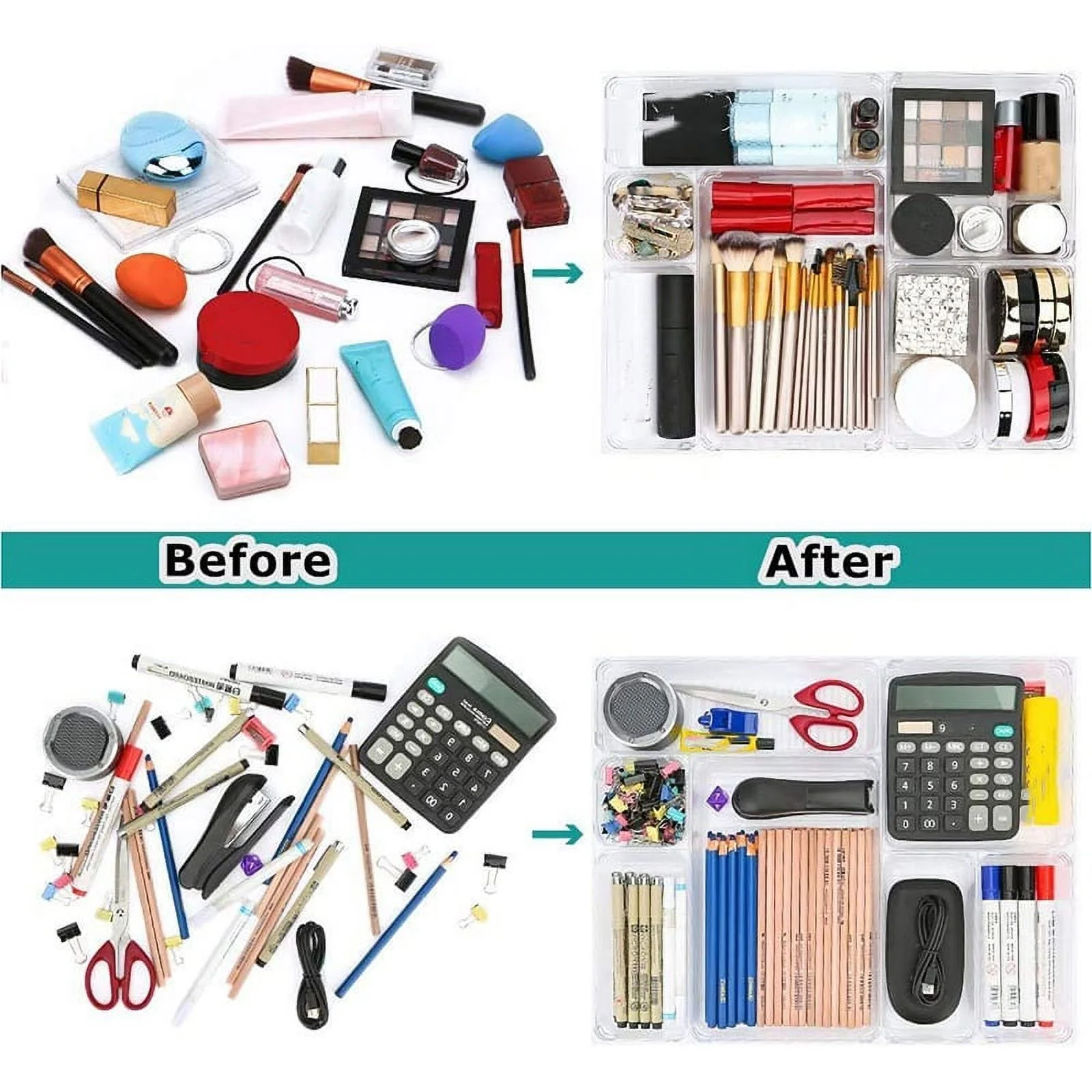 9 Pcs Clear Drawer Organizer Trays Assorted 4-Size Drawer Dividers, Versatile Storage Boxes Makeup Organiser Set