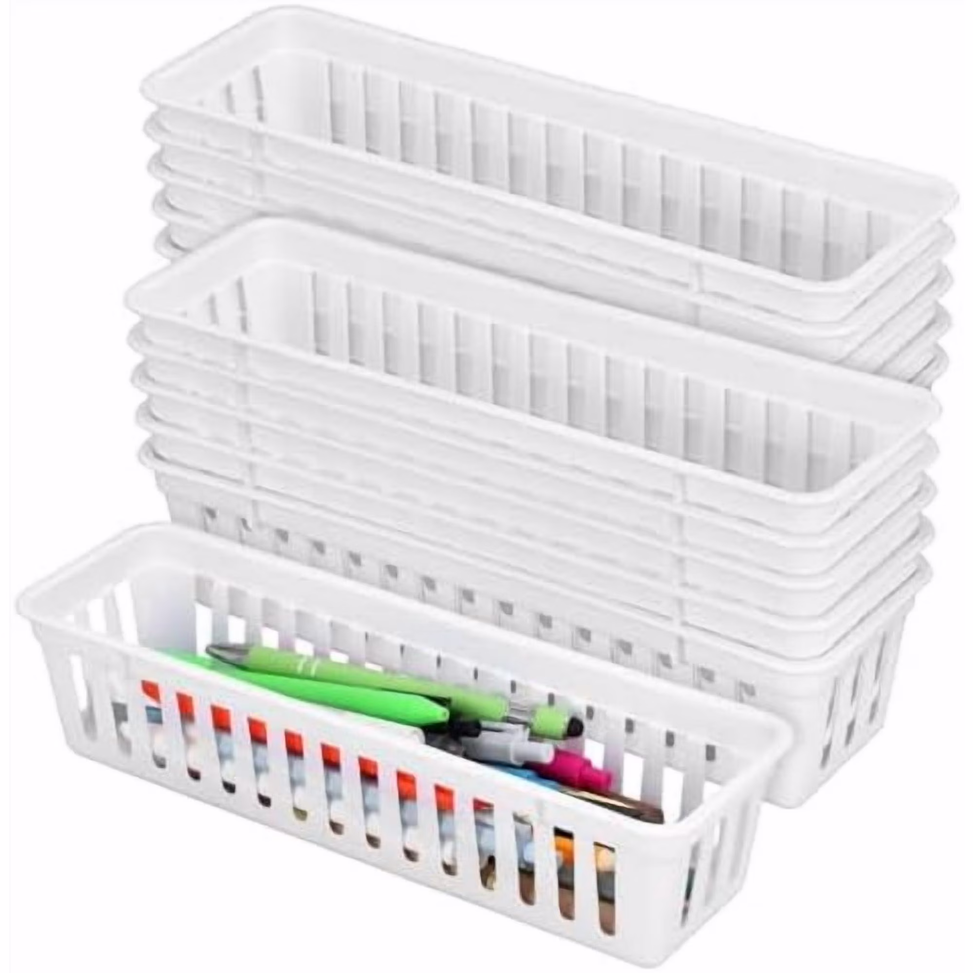 12 Pack Slim Plastic Storage Baskets Tray for Organizing 10.25 x 3.25 x 2.5 Inch Small Narrow Storage Bins Stackable Drawer Pencil Trays Holder for Desk Garage Cabinet Containers(White)