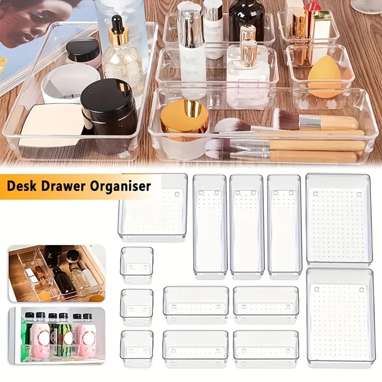 Clear Drawer Organiser Tray Bathroom and Vanity Organiser Tray Drawers Storage Bins for Makeup Kitchen Utensils Jewelry