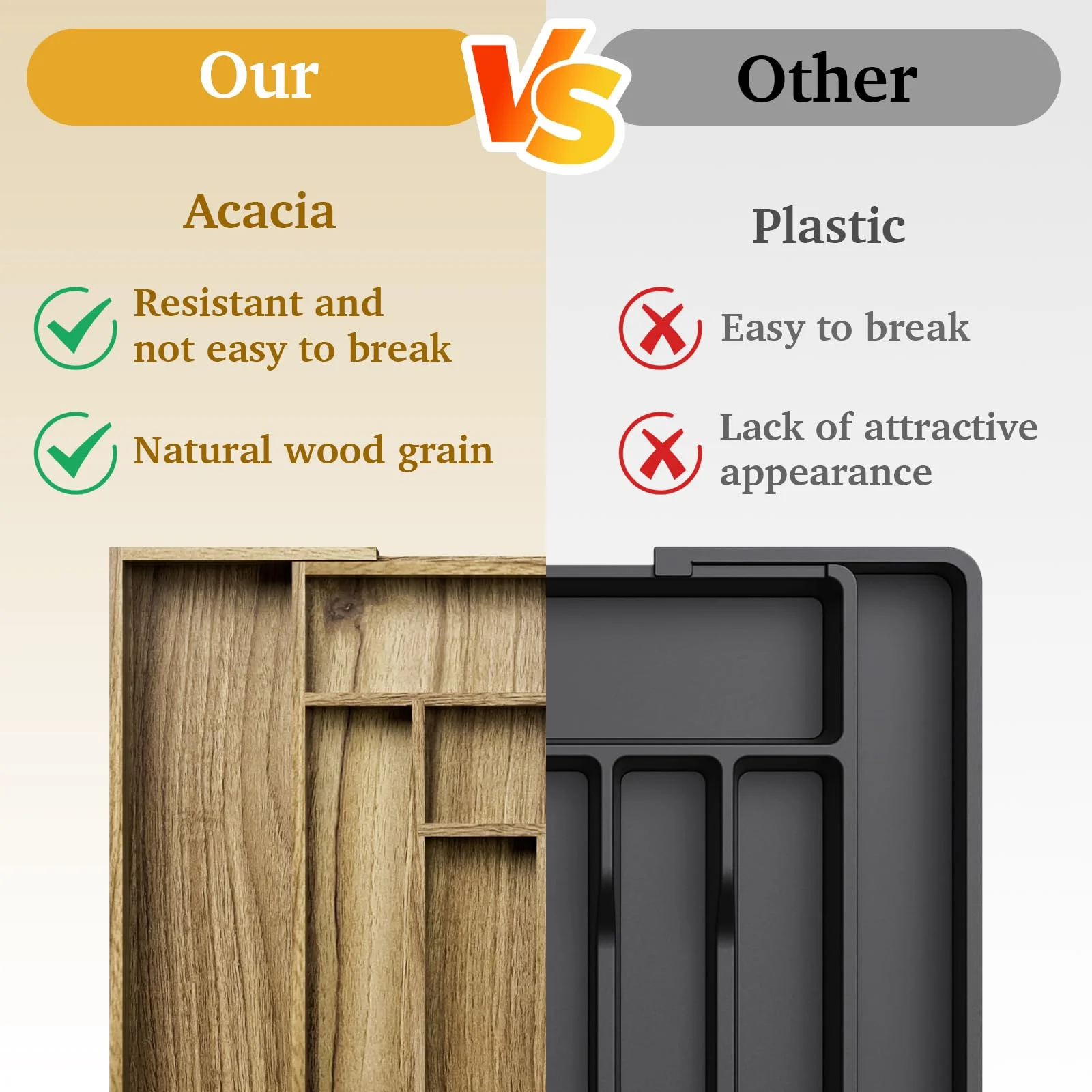 Expandable Acacia Wood Silverware Drawer Organizer, Adjustable Utensil Tray for Forks Spoons Knives, Kitchen Drawer Storage with Non-Slip Pads, Brown